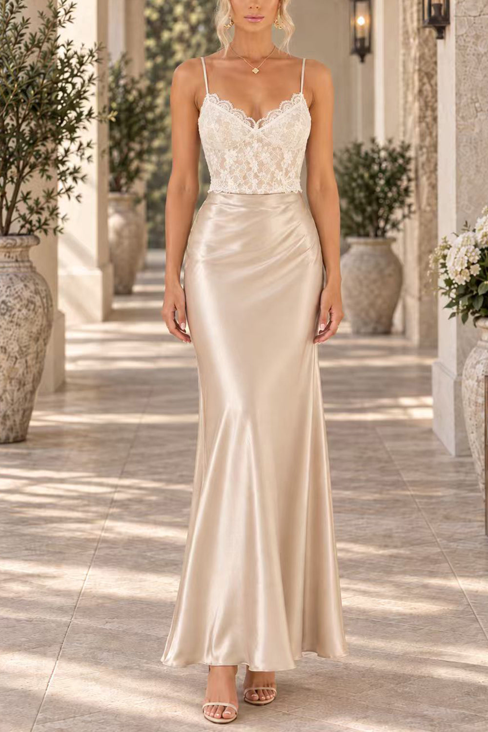 Elegant High Rise Satin Maxi Skirt, view 3