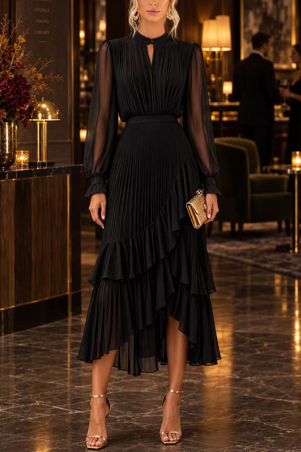 Margovil Mock Neck Sheer Sleeve Pleated Ruffle High-Low Midi Dress (A), view 5