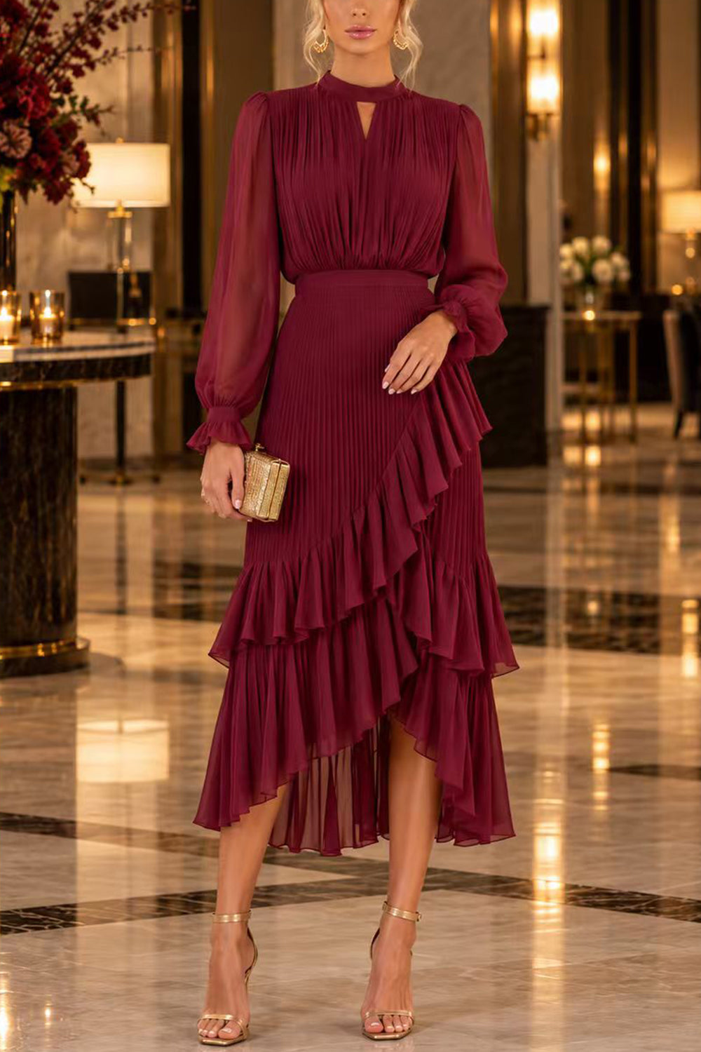 Margovil Mock Neck Sheer Sleeve Pleated Ruffle High-Low Midi Dress (B), view 2