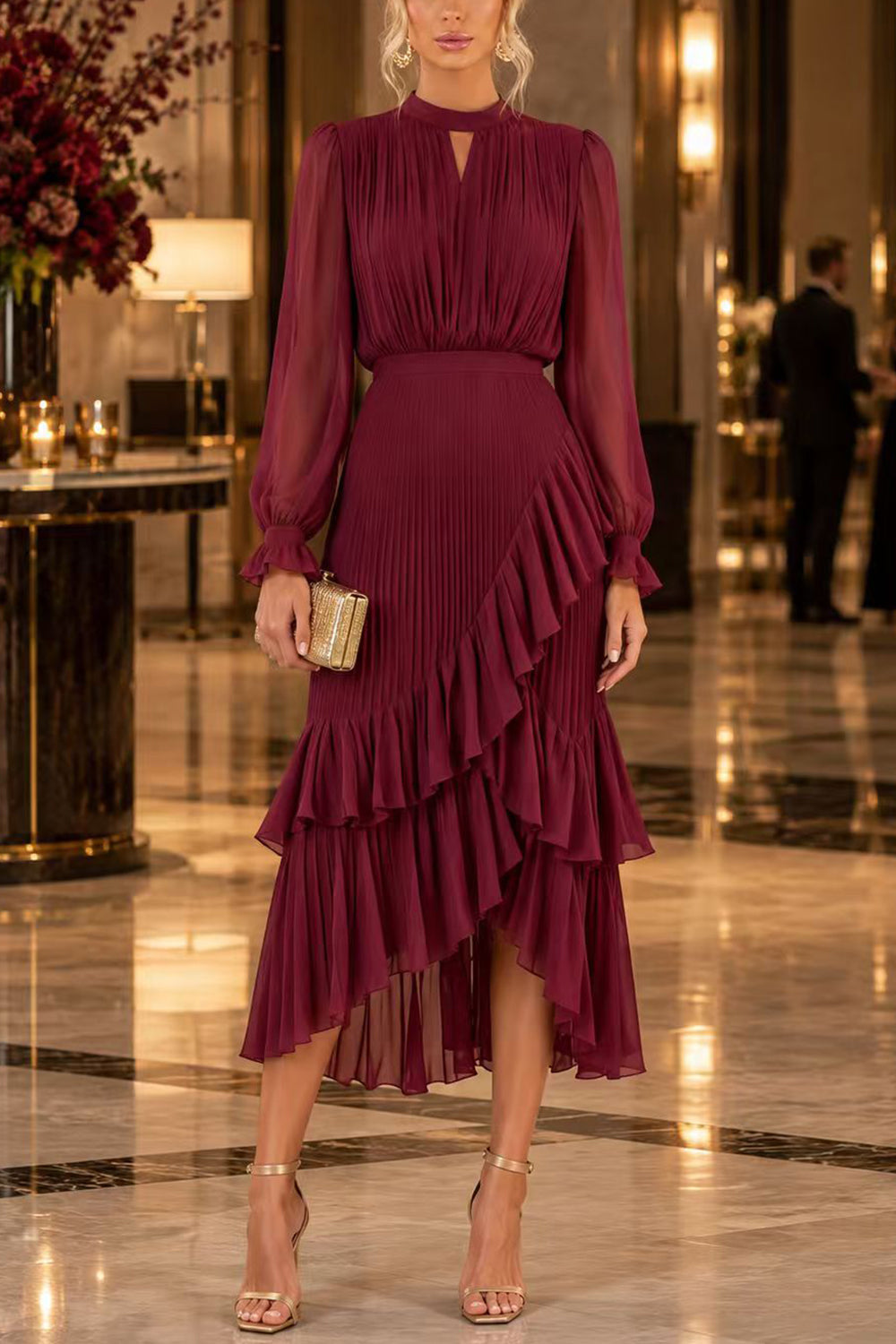 Margovil Mock Neck Sheer Sleeve Pleated Ruffle High-Low Midi Dress (B) by Margovil
