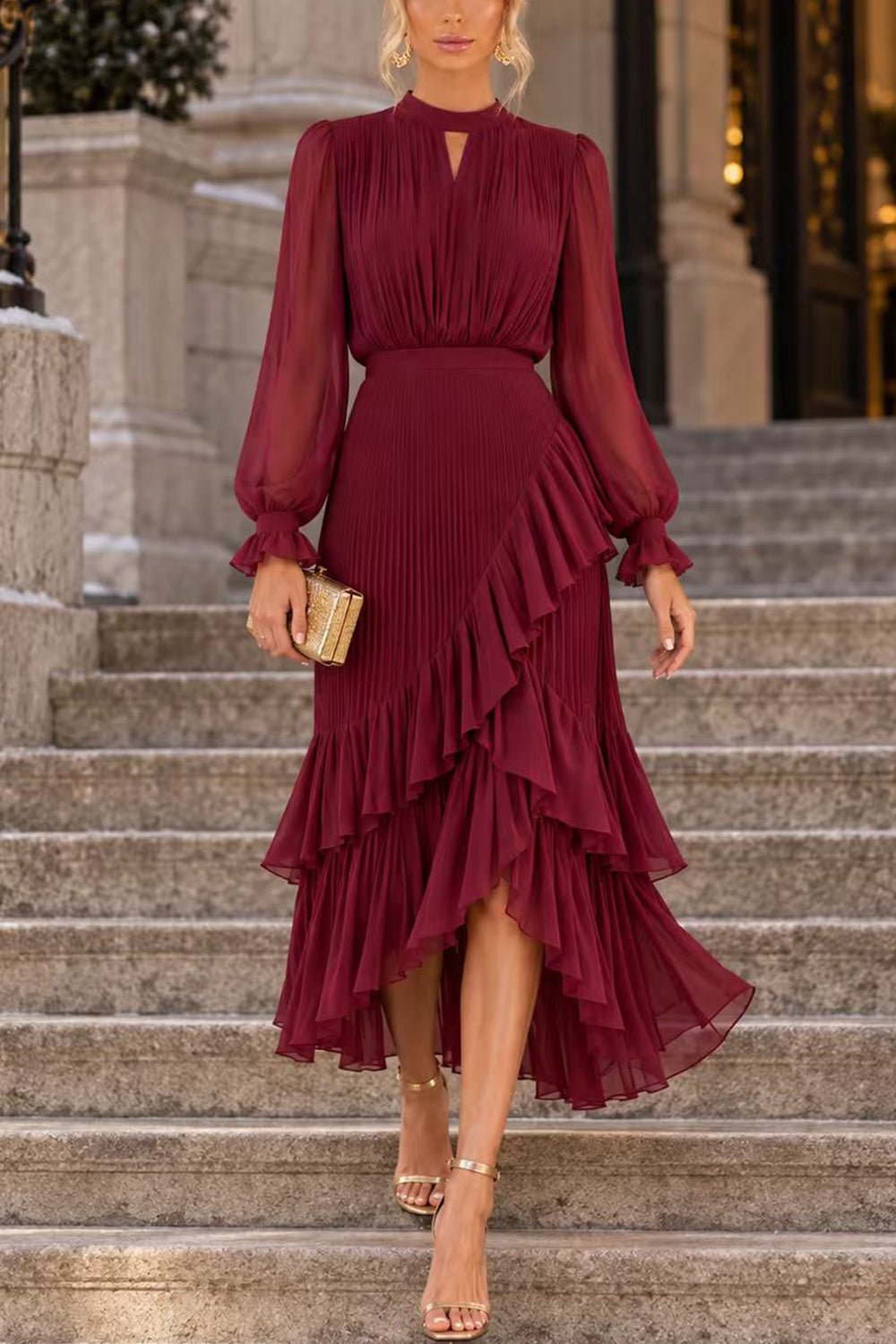 Margovil Mock Neck Sheer Sleeve Pleated Ruffle High-Low Midi Dress (B), view 4