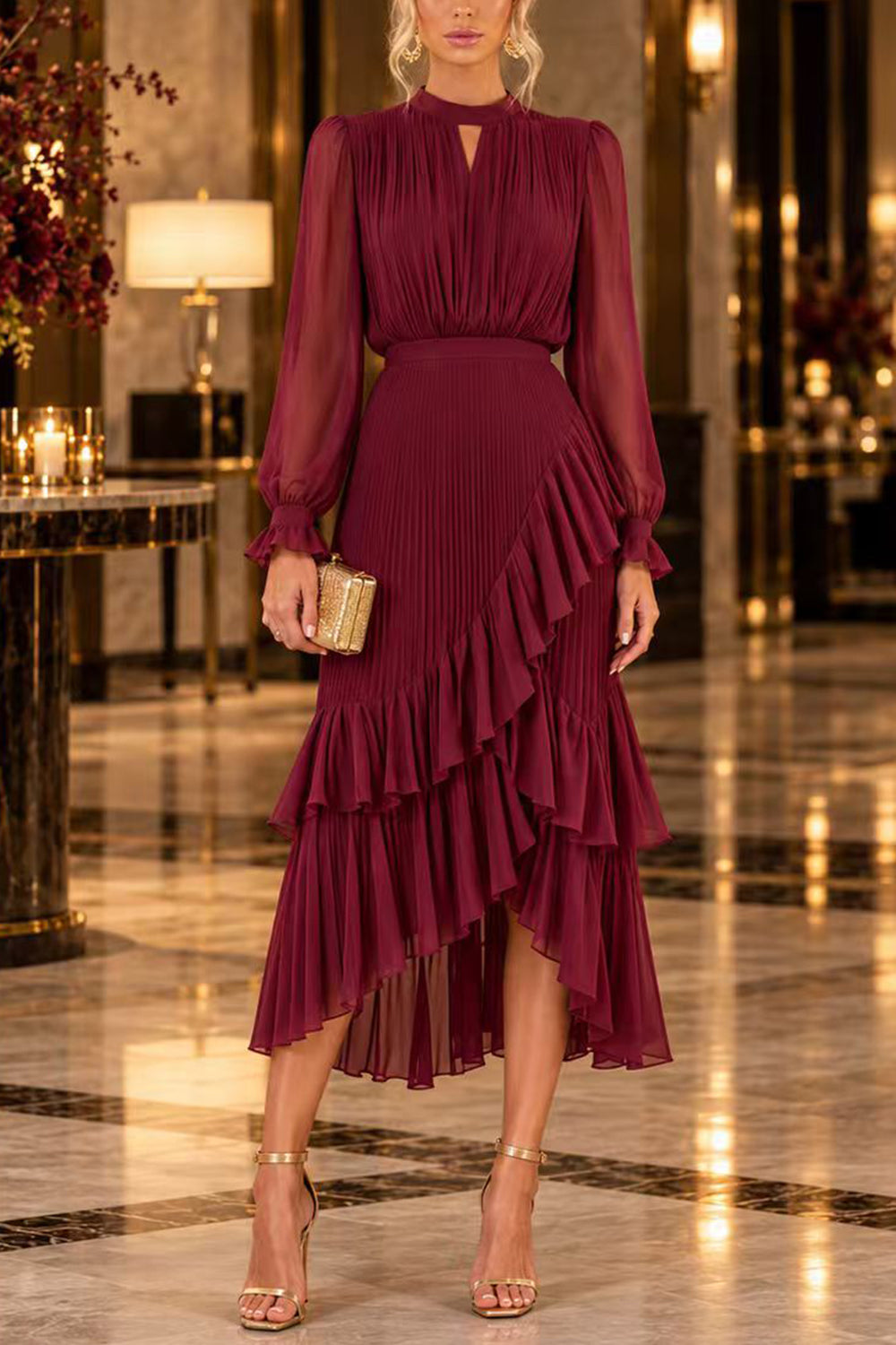 Margovil Mock Neck Sheer Sleeve Pleated Ruffle High-Low Midi Dress (B), view 5
