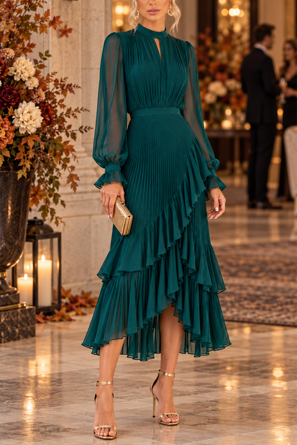 Margovil Mock Neck Sheer Sleeve Pleated Ruffle High-Low Midi Dress (B), view 7