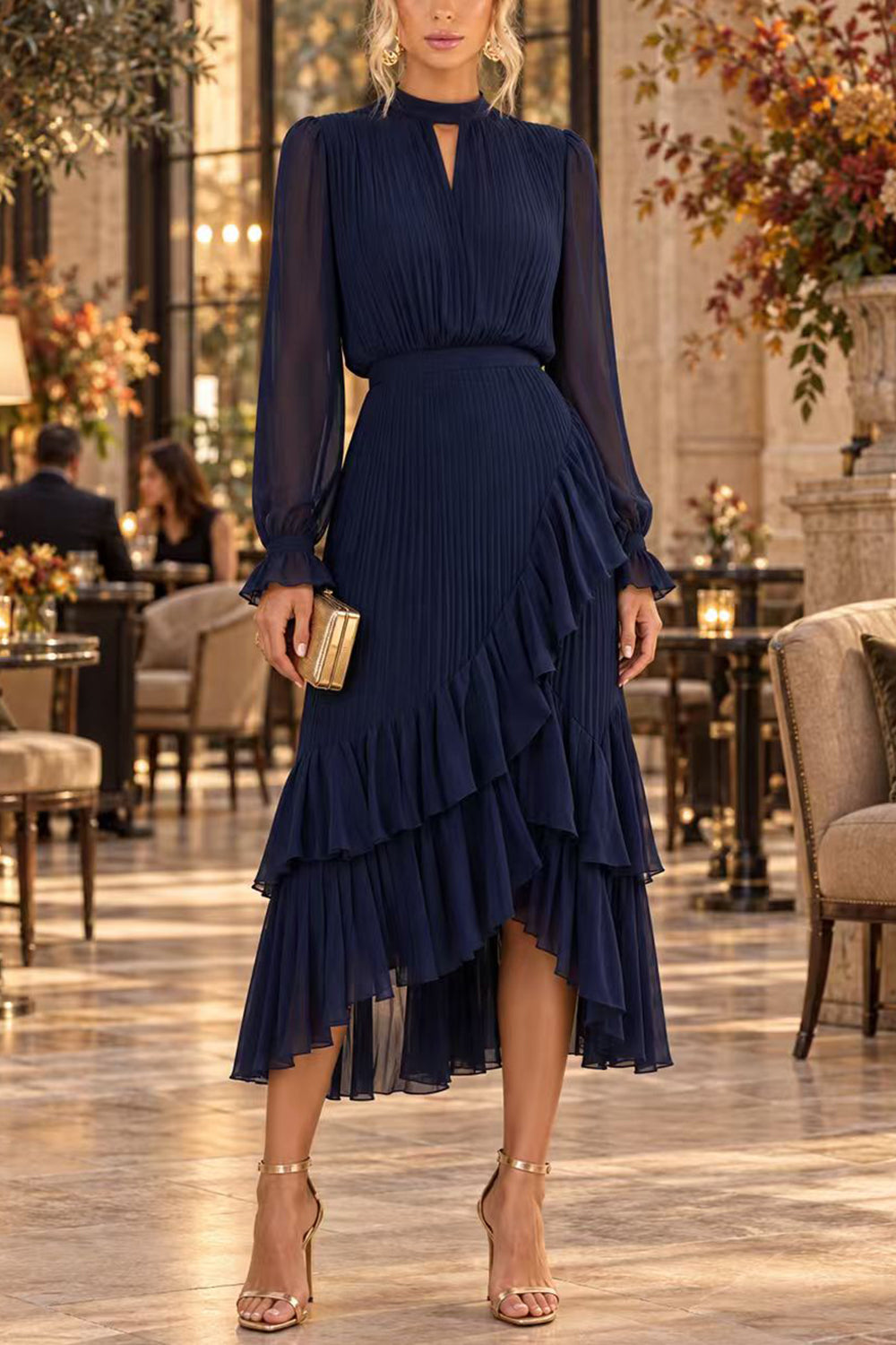 Margovil Mock Neck Sheer Sleeve Pleated Ruffle High-Low Midi Dress (C) by Margovil
