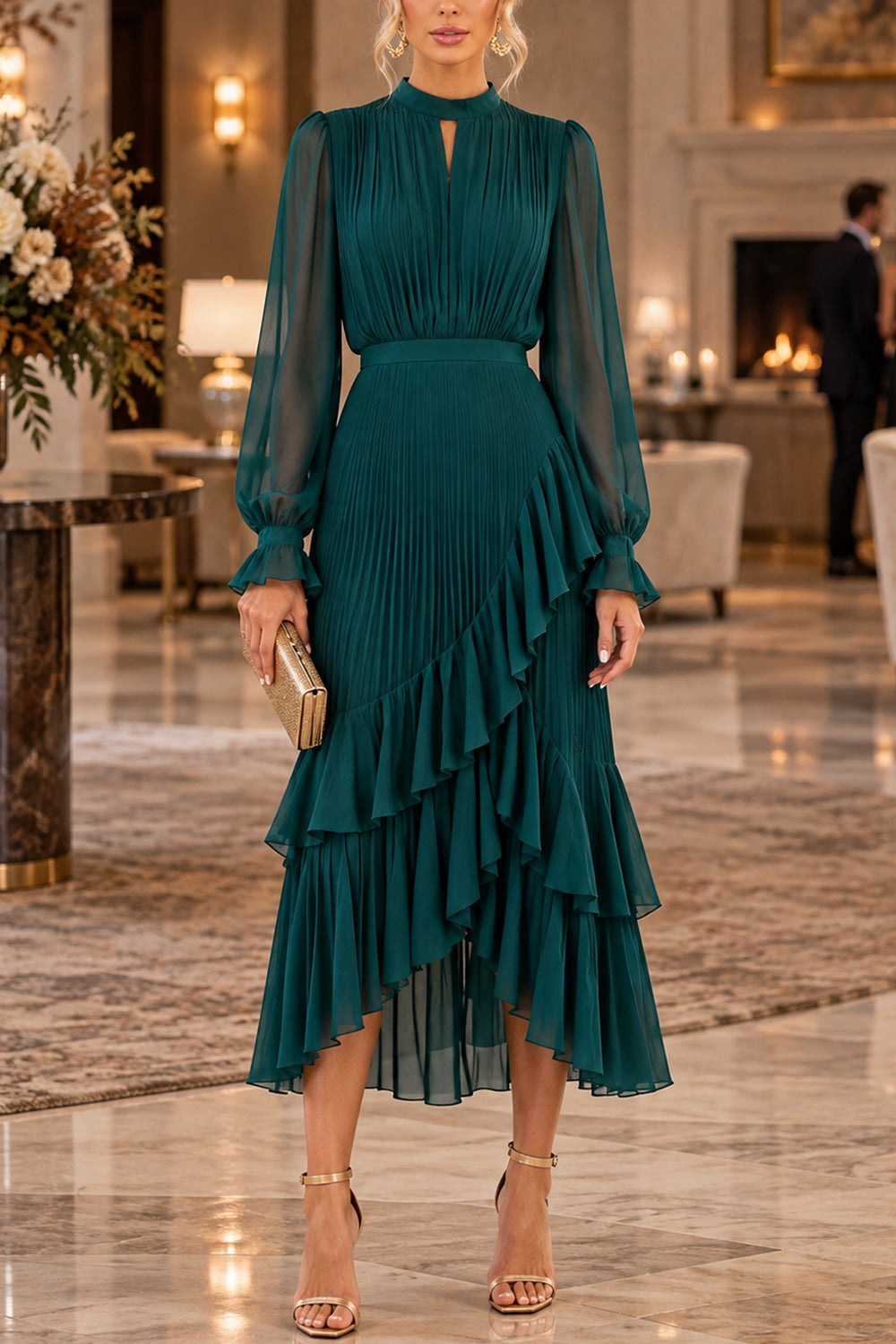 Margovil Mock Neck Sheer Sleeve Pleated Ruffle High-Low Midi Dress (C), view 6