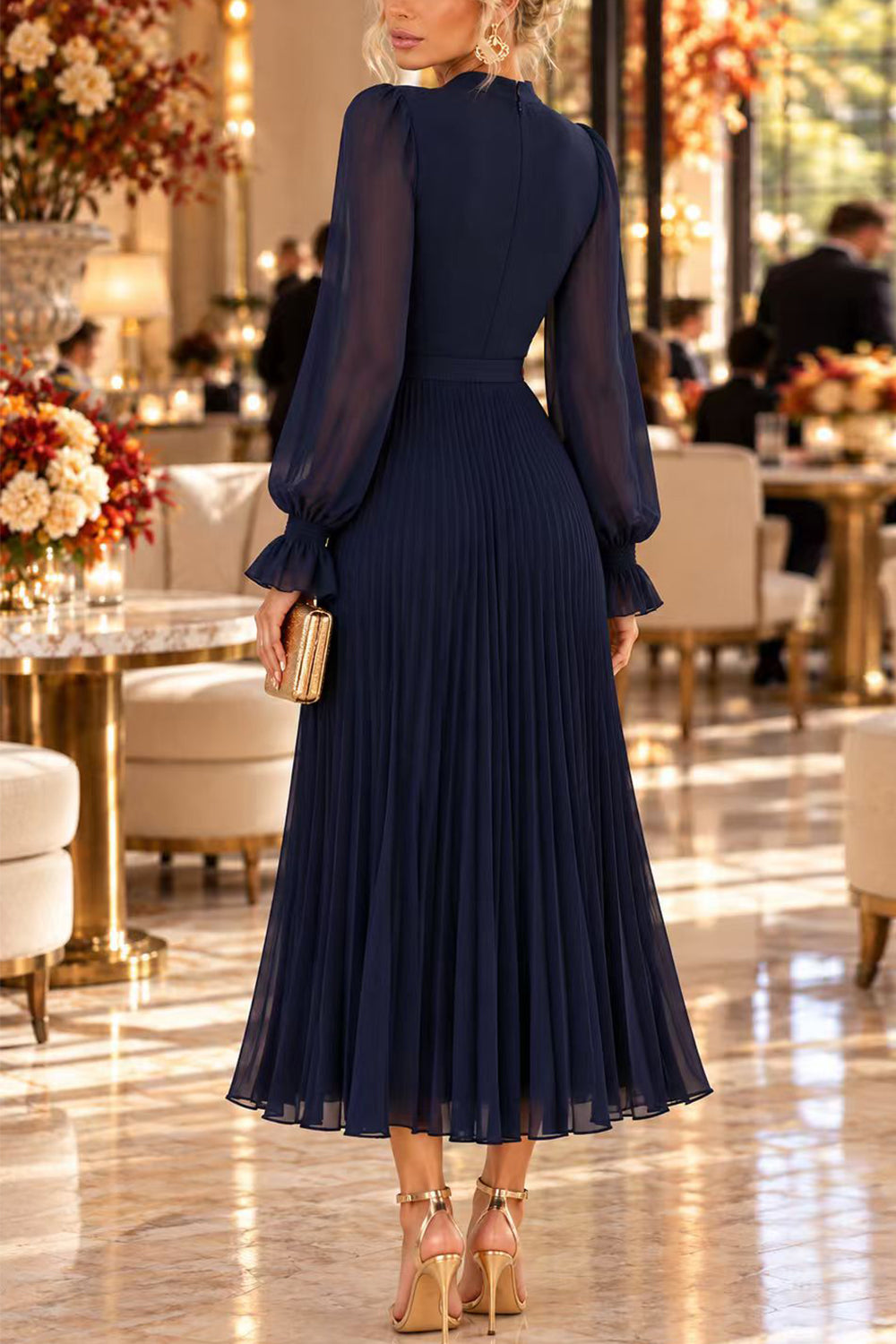 Margovil Mock Neck Sheer Sleeve Pleated Ruffle High-Low Midi Dress (C), view 3