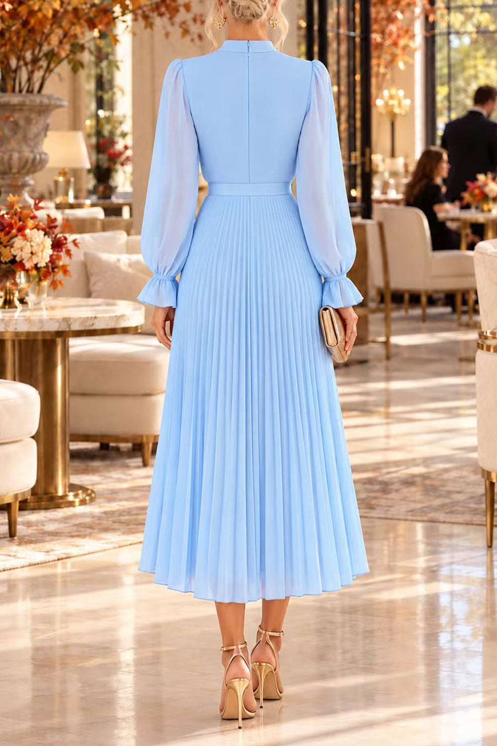 Margovil Mock Neck Sheer Sleeve Pleated Ruffle High-Low Midi Dress (D), view 4