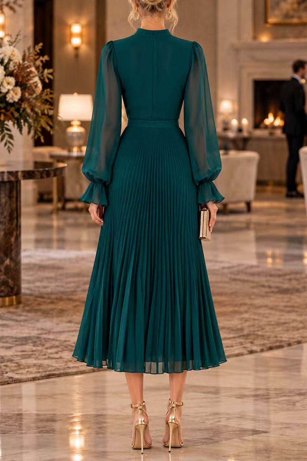 Margovil Mock Neck Sheer Sleeve Pleated Ruffle High-Low Midi Dress (D), view 7