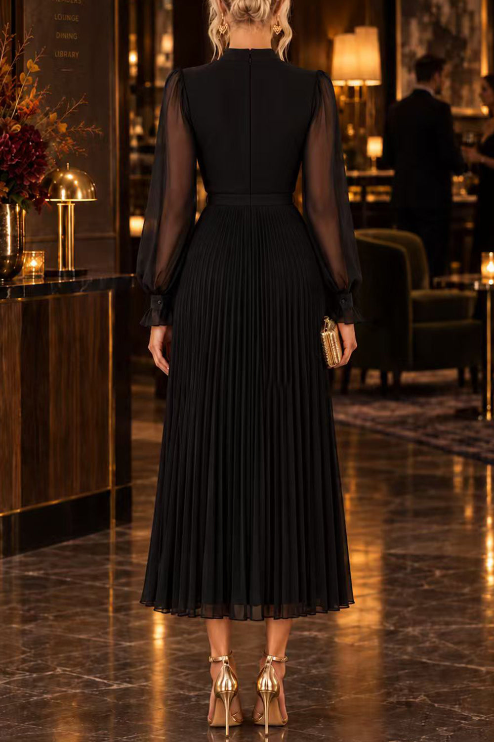 Margovil Mock Neck Sheer Sleeve Pleated Ruffle High-Low Midi Dress (E), view 3