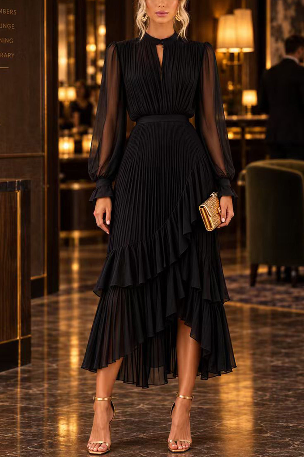 Margovil Mock Neck Sheer Sleeve Pleated Ruffle High-Low Midi Dress (E), view 5