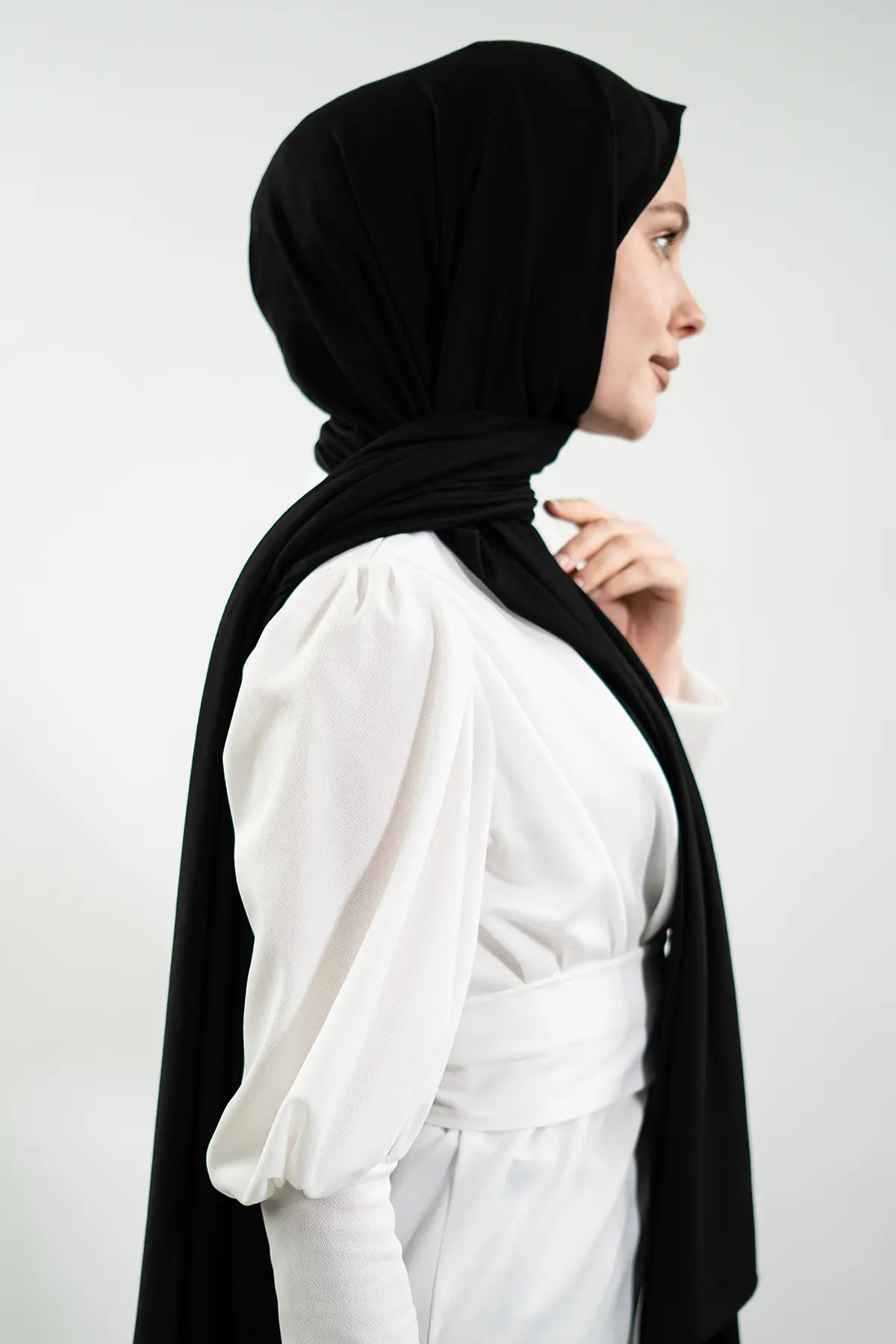 Premium Turkish Jersey Hijab| Black & White, view 2