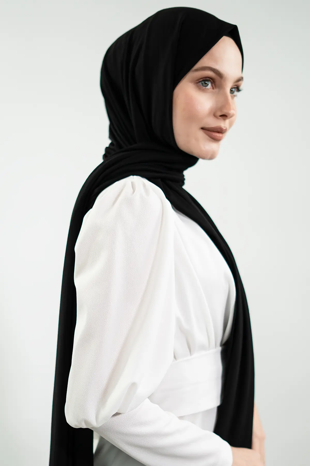 Premium Turkish Jersey Hijab| Black & White, view 3