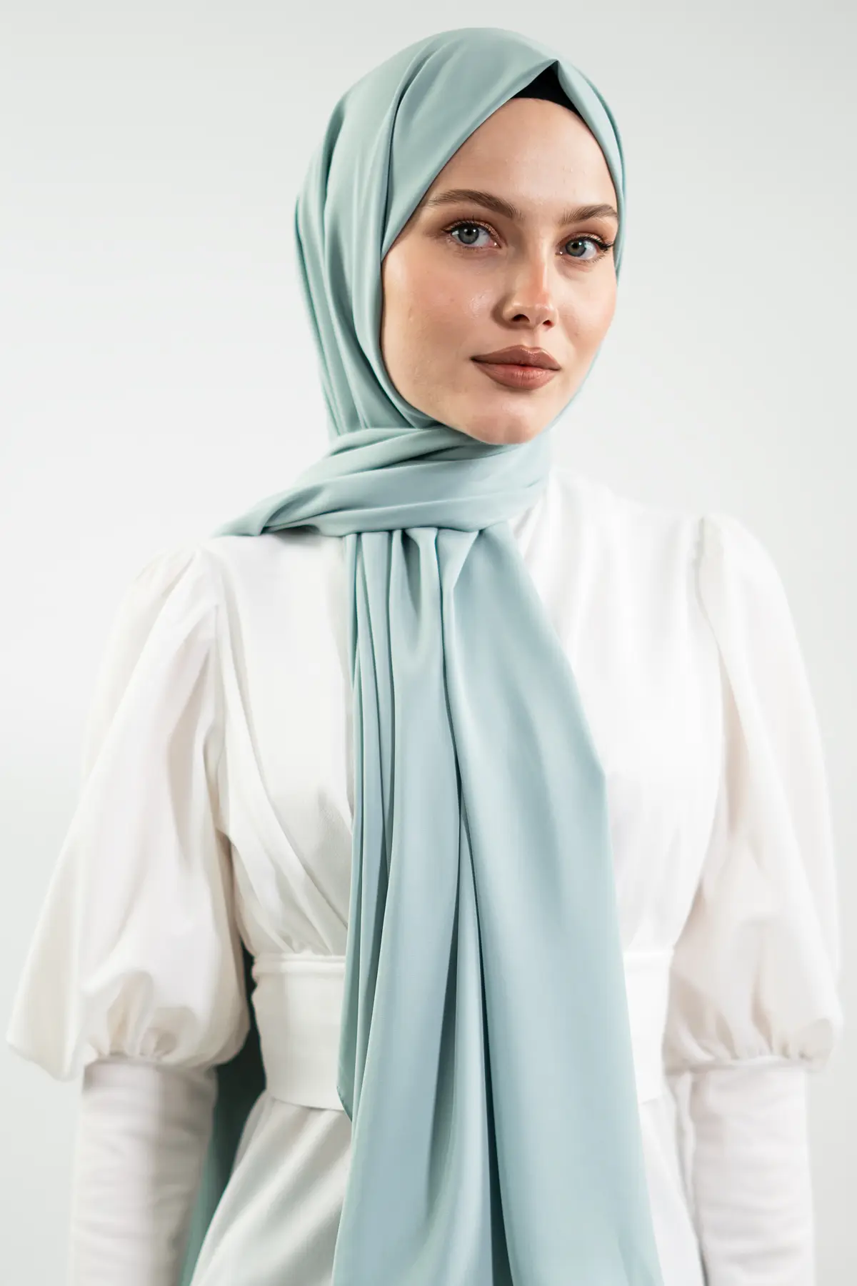 Premium Medina Silk Hijab| Aqua Blue & Baby Blue, view 3