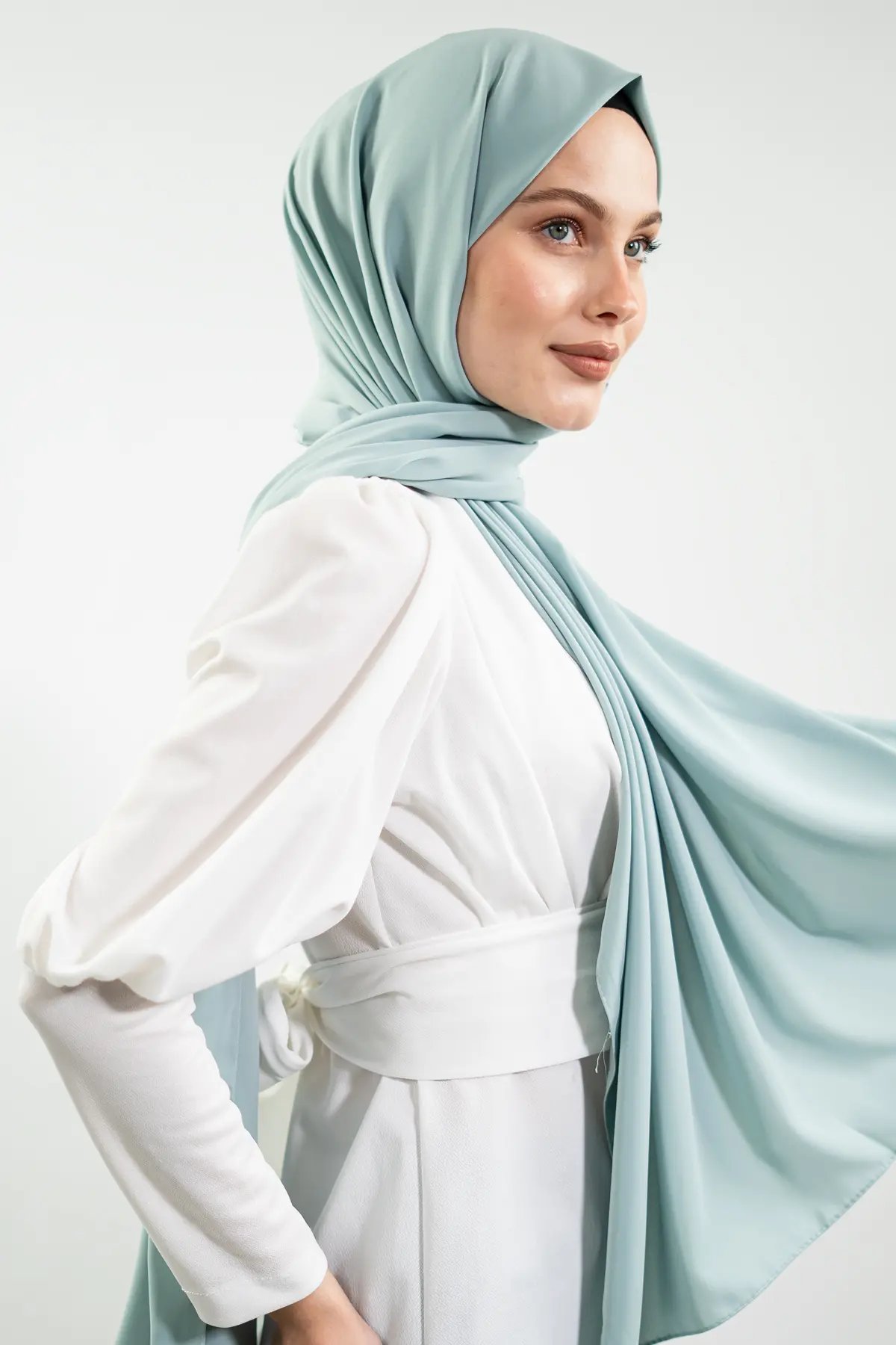 Premium Medina Silk Hijab| Aqua Blue & Baby Blue, view 4