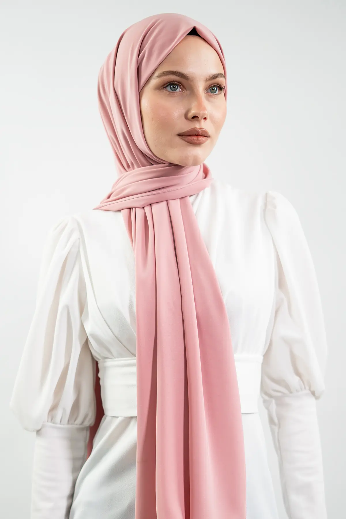 Premium Madina Silk Hijab|Powder Pink & Black, view 5
