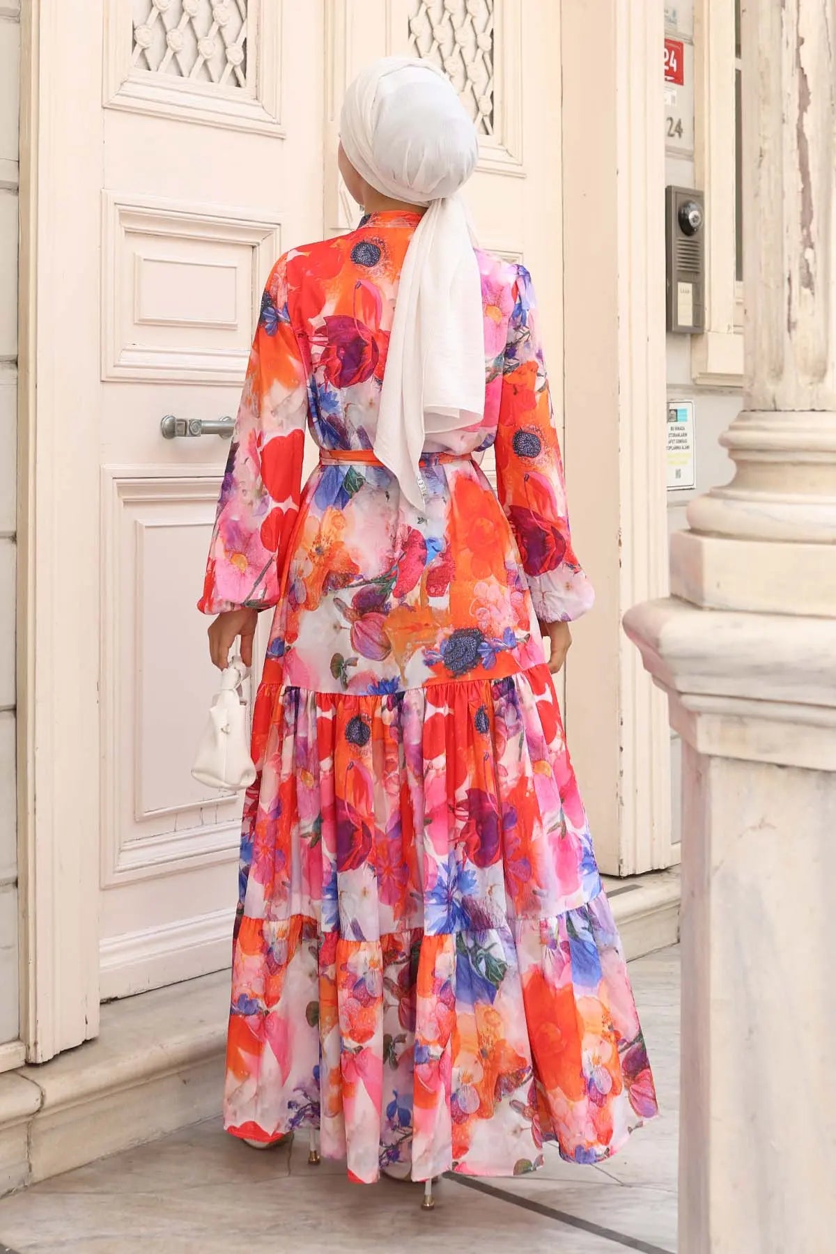 Floral Patterned Modest Hijab Dress-Orange, view 4