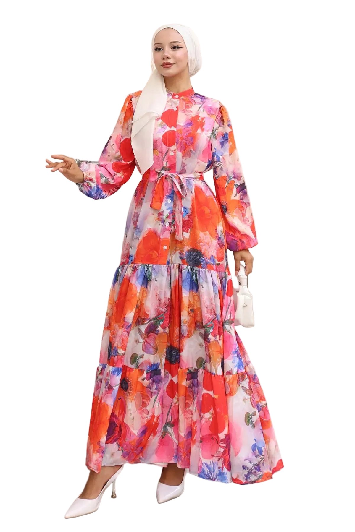 Floral Patterned Modest Hijab Dress-Orange, view 6