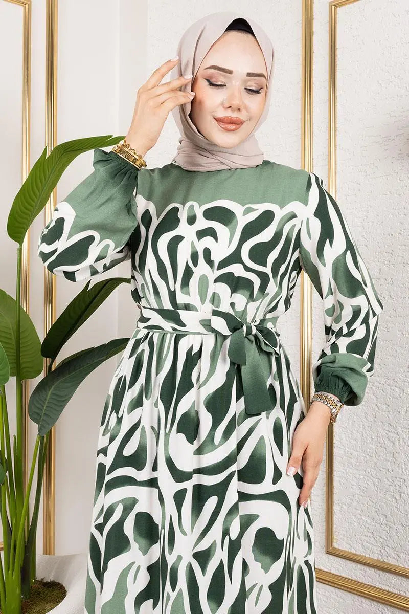 Batik Patterned Hijab Dress-Khaki, view 2