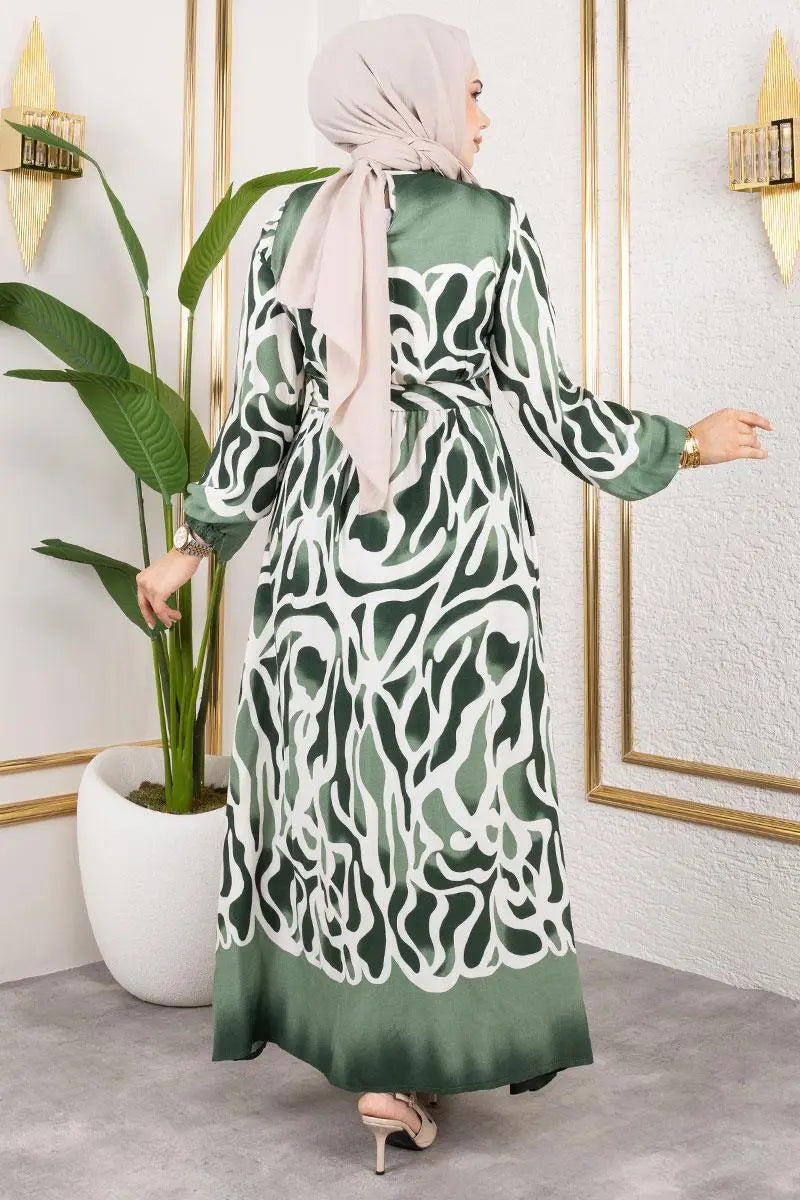 Batik Patterned Hijab Dress-Khaki, view 3