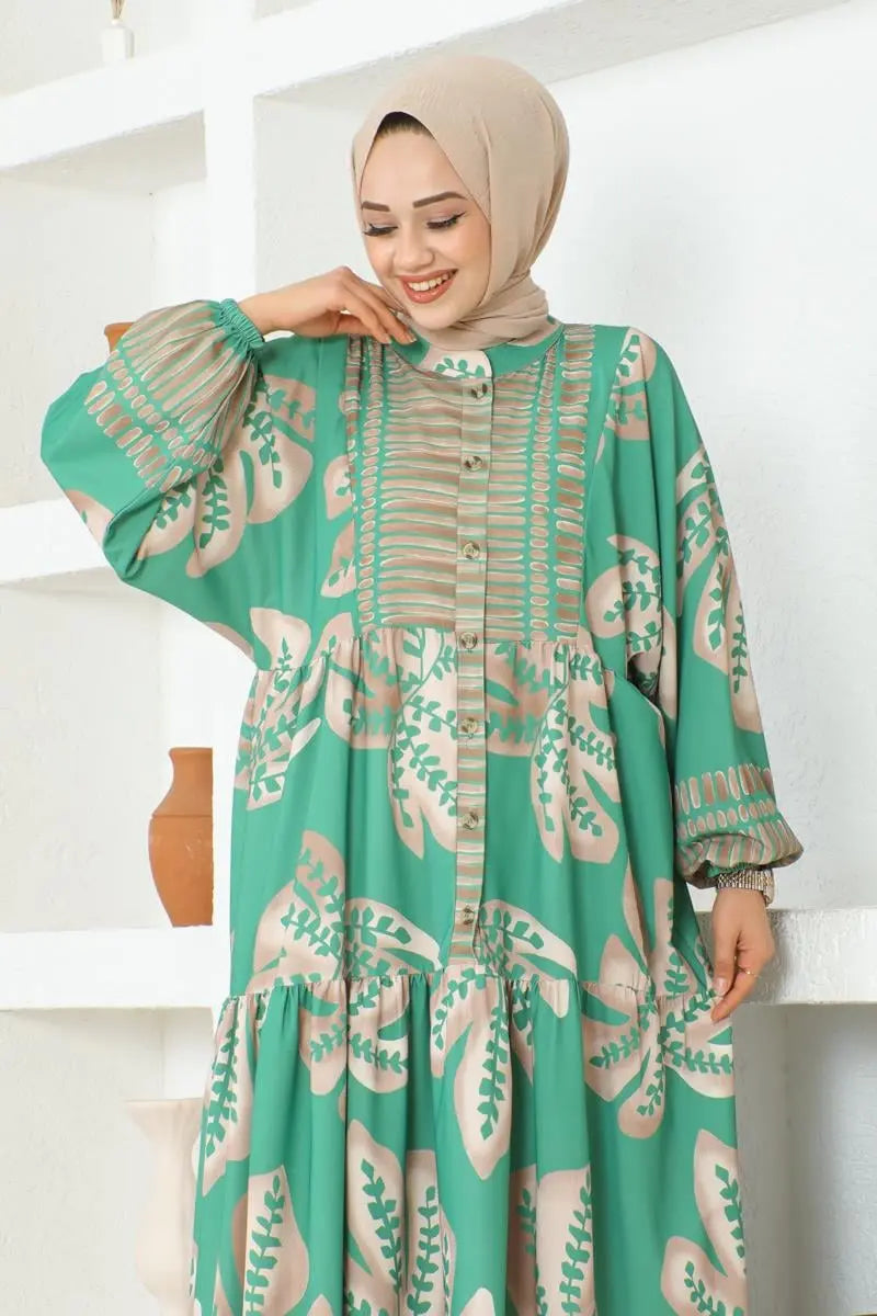 Tropical Patterned Hijab Dress-Green, view 2