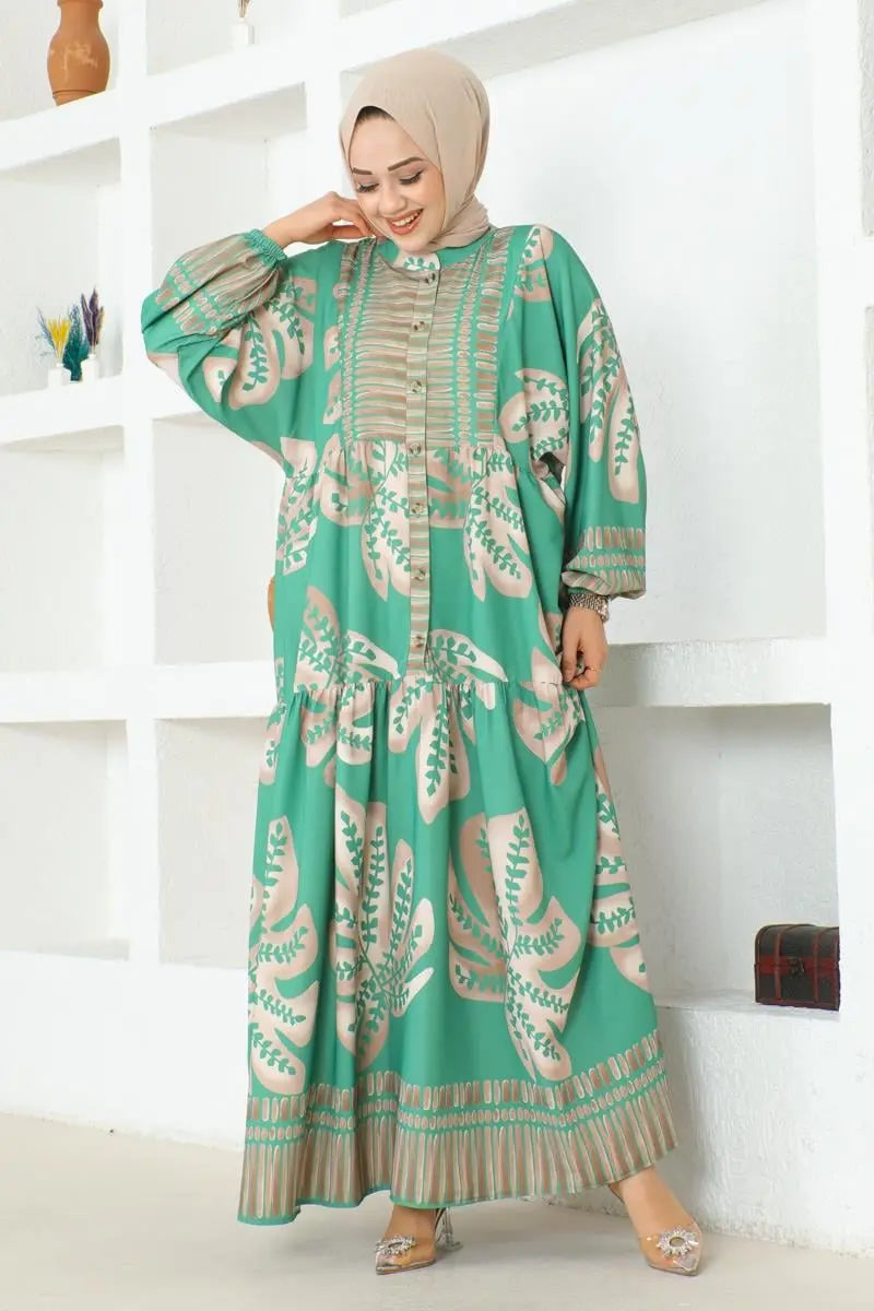Tropical Patterned Hijab Dress-Green, view 3