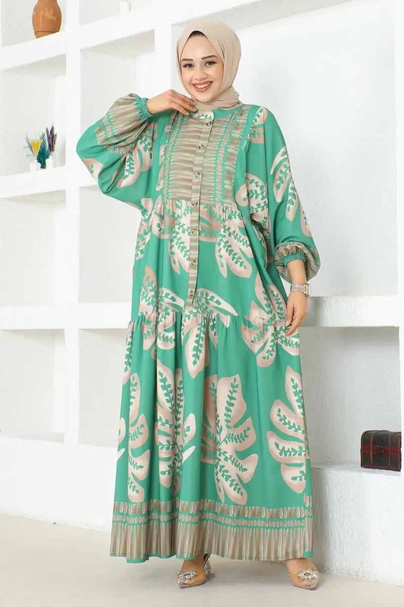 Tropical Patterned Hijab Dress-Green, view 4