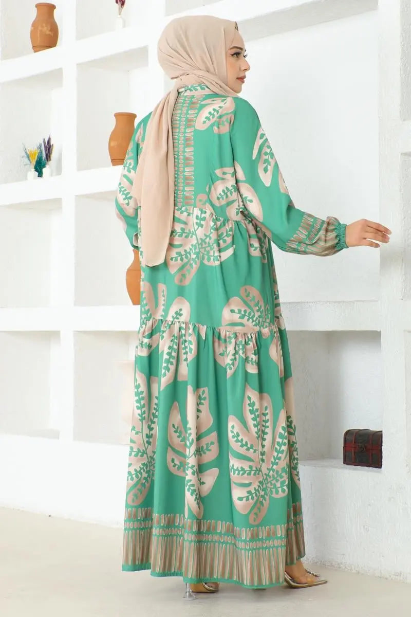 Tropical Patterned Hijab Dress-Green, view 5