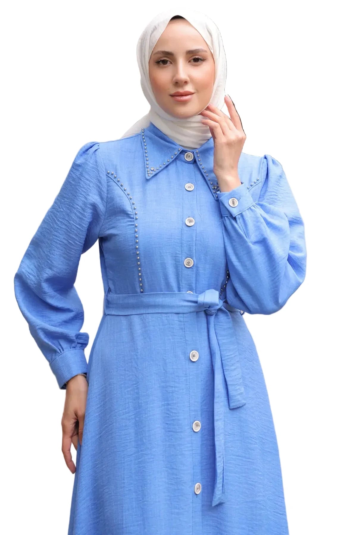 Women’s Beaded Detail Modest Dress – Blue, view 2