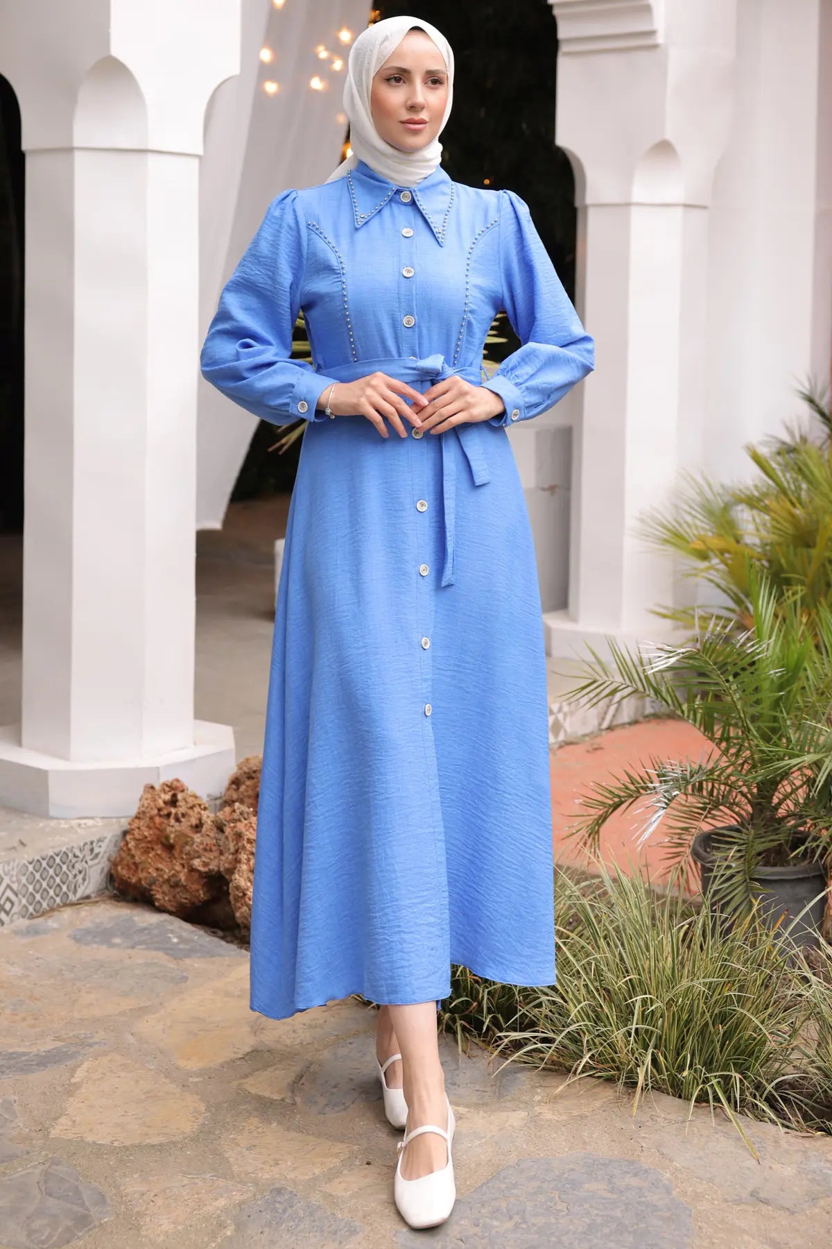 Women’s Beaded Detail Modest Dress – Blue, view 4