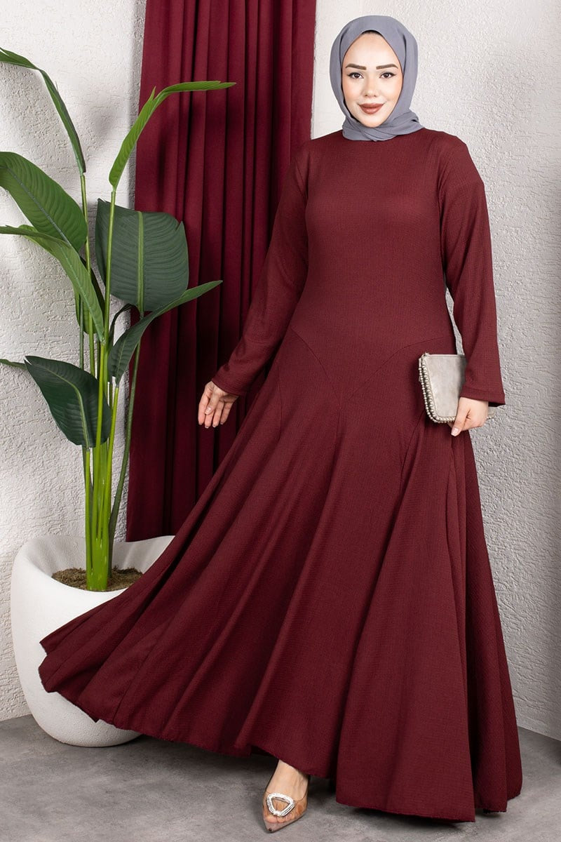 Ruffle Detailed Crepe Modest Dress-Maroon, view 2