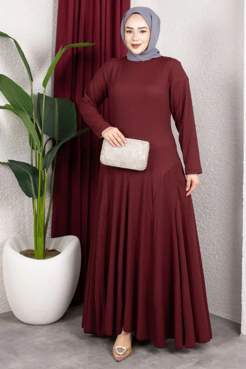 Ruffle Detailed Crepe Modest Dress-Maroon, view 3