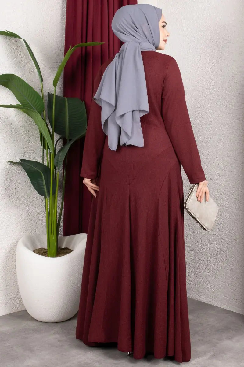Ruffle Detailed Crepe Modest Dress-Maroon, view 4