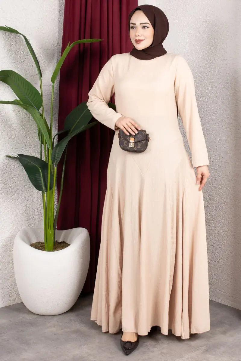 Ruffle Detailed Crepe Modest Dress-Beige, view 2