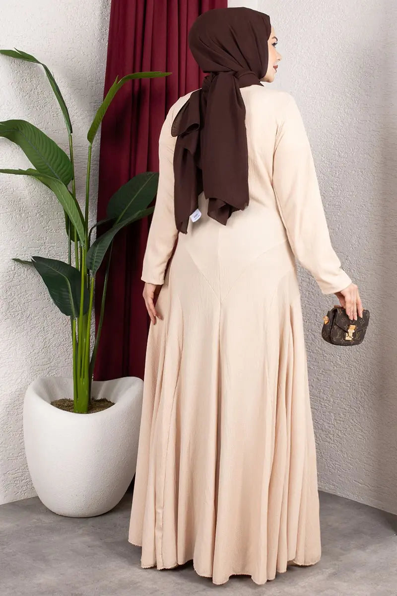 Ruffle Detailed Crepe Modest Dress-Beige, view 3