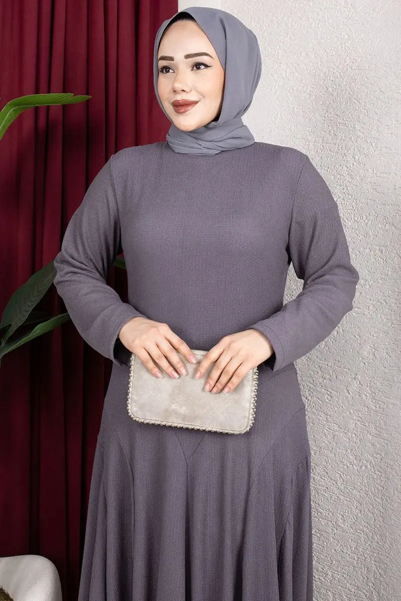 Ruffle Detailed Crepe Modest Dress-Anthracite, view 4