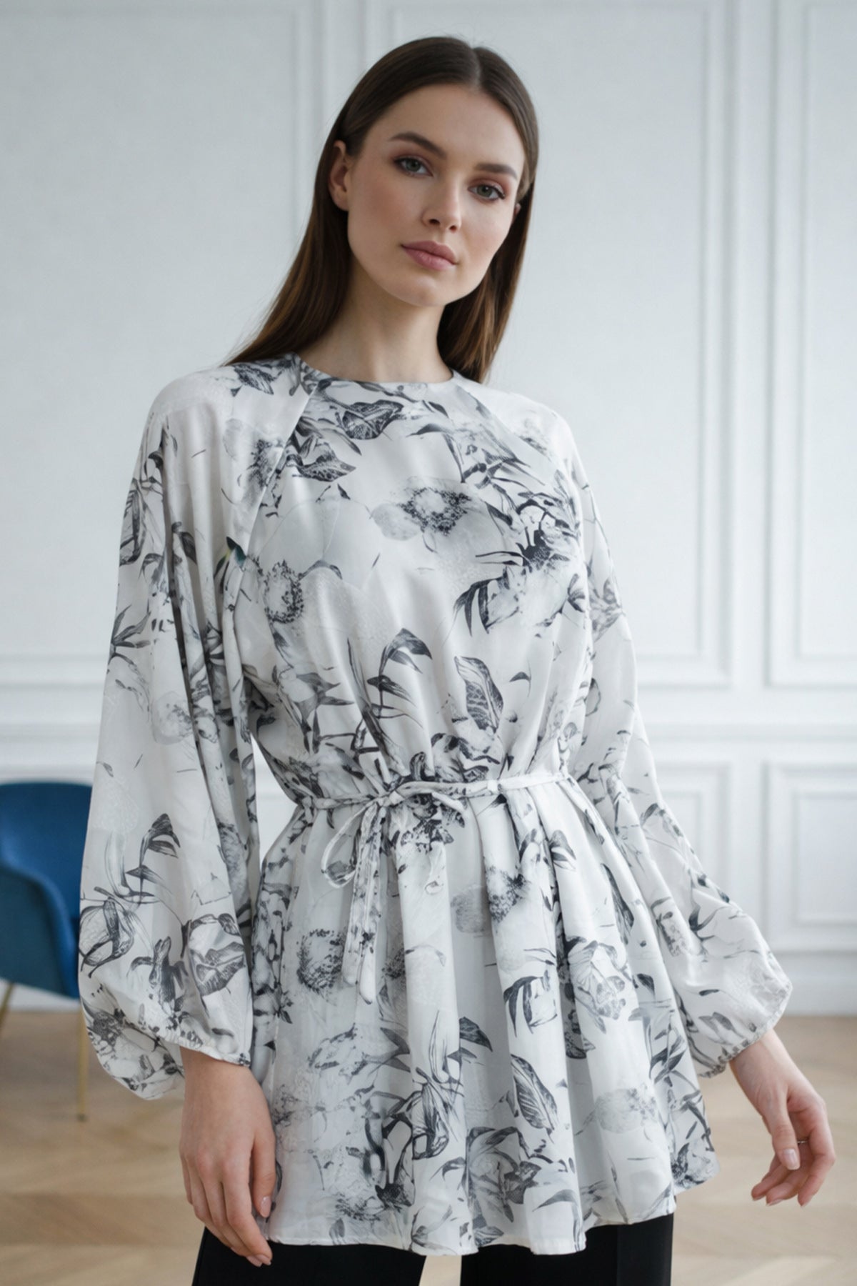 Patterned Balloon Sleeve Chiffon Shirt by NEOMODEST