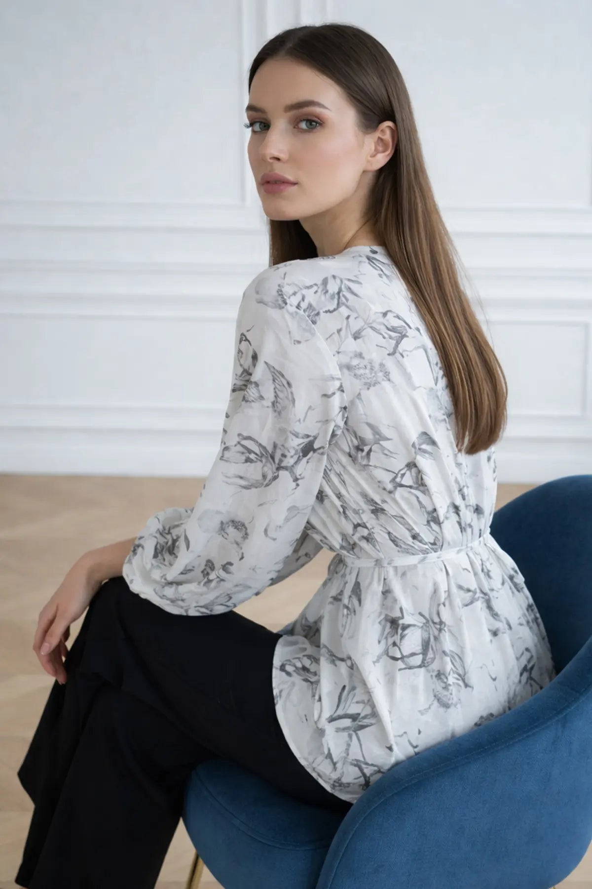 Patterned Balloon Sleeve Chiffon Shirt, view 2