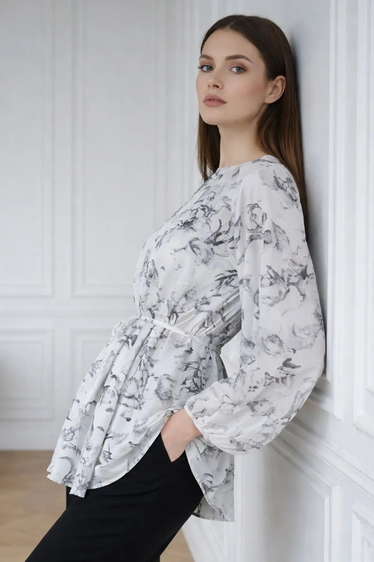 Patterned Balloon Sleeve Chiffon Shirt, view 3