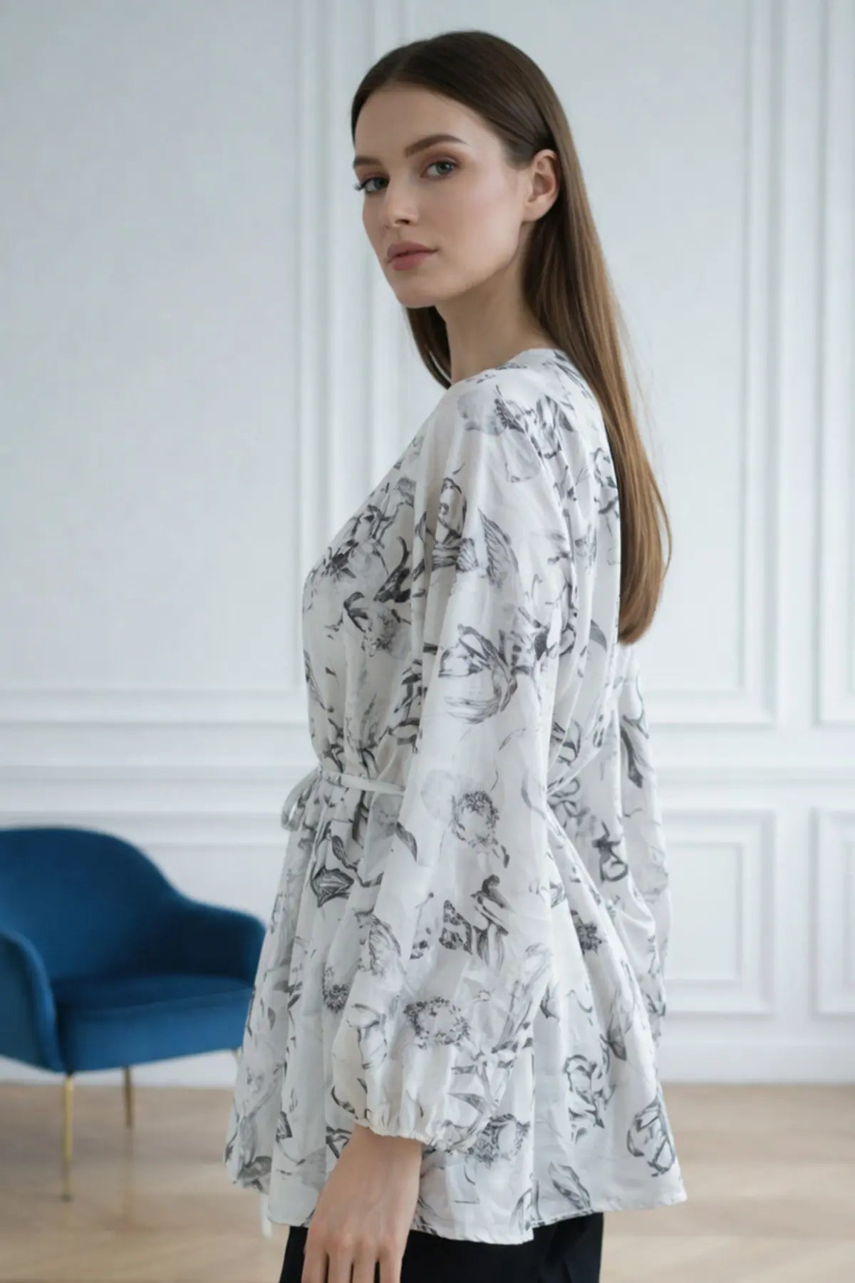 Patterned Balloon Sleeve Chiffon Shirt, view 4