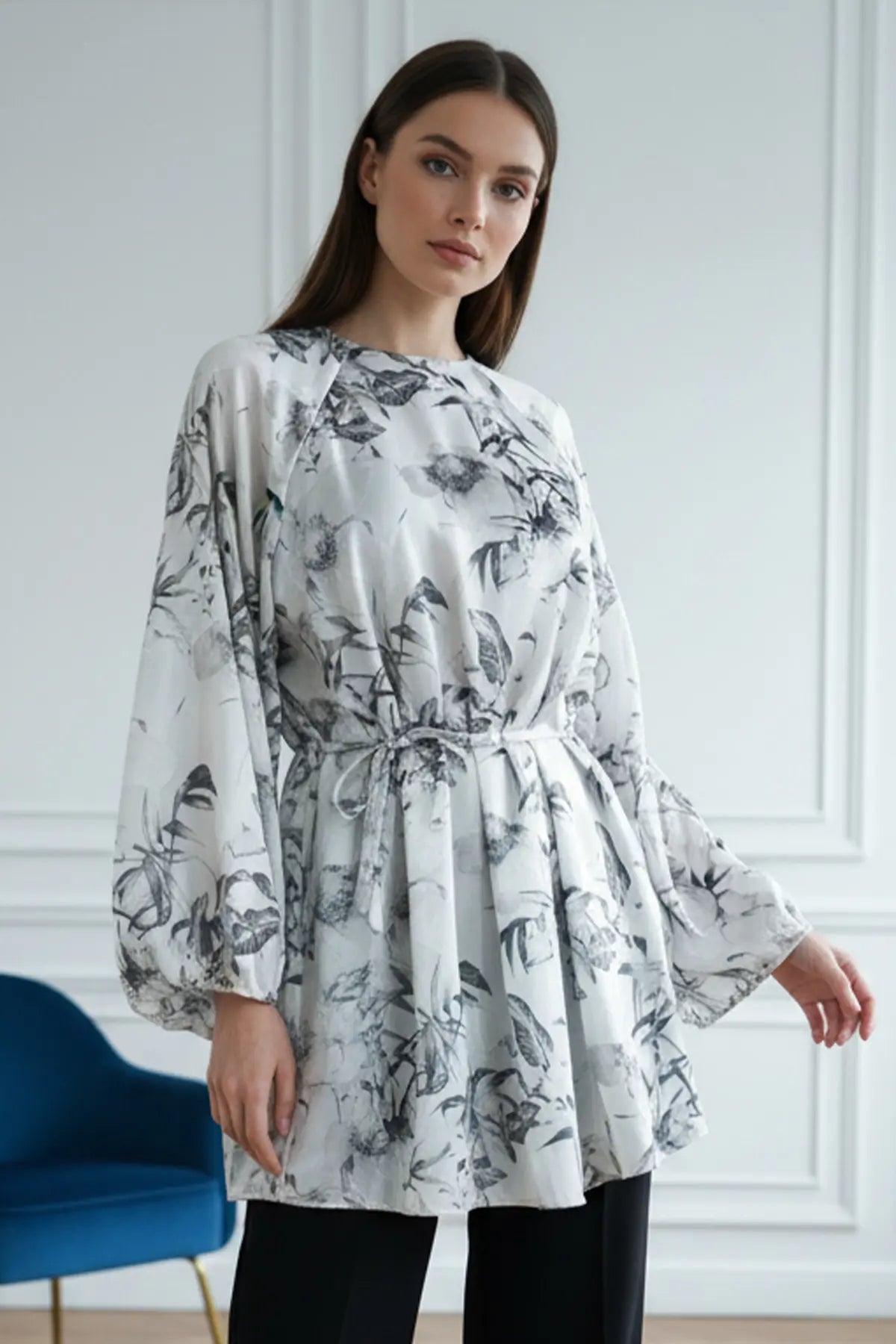 Patterned Balloon Sleeve Chiffon Shirt, view 5