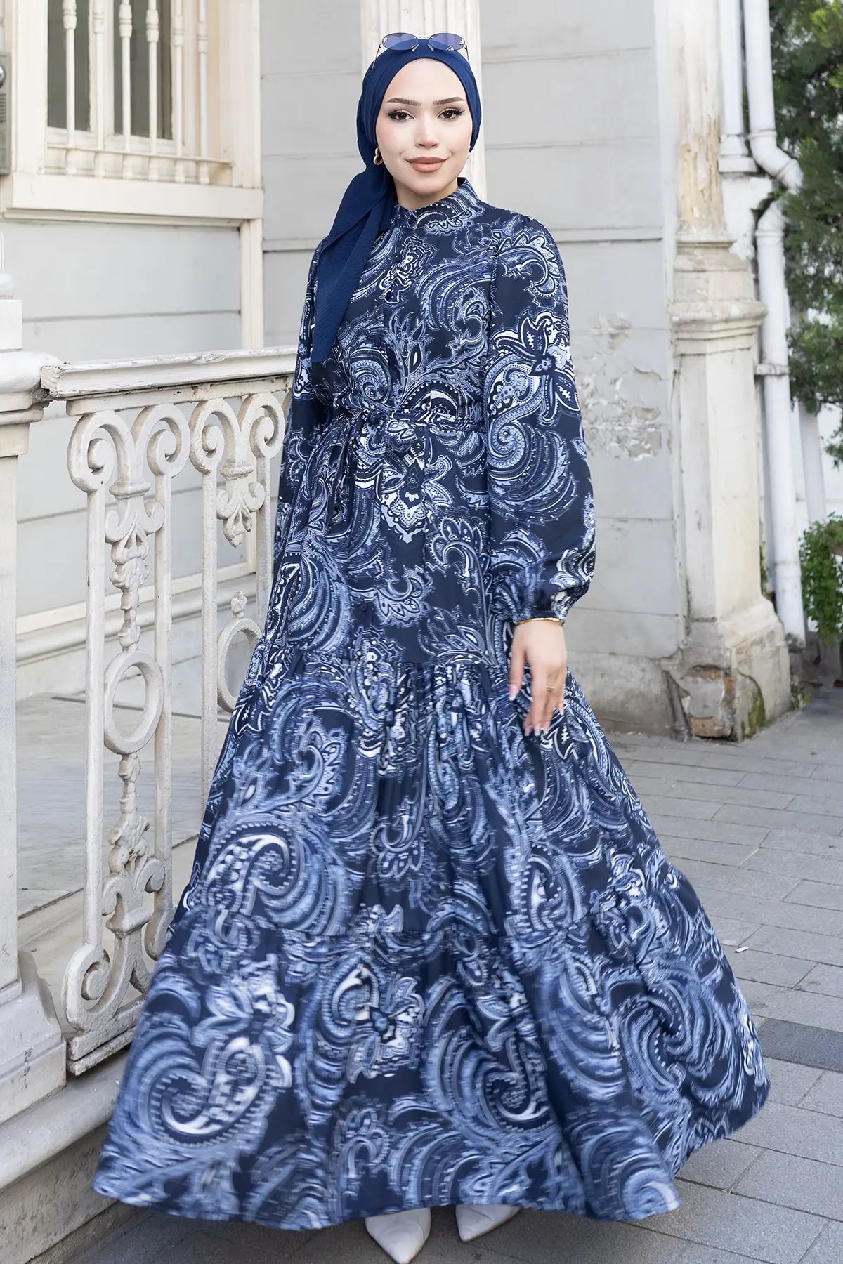 Patterned Hijab Dress-Navy, view 2