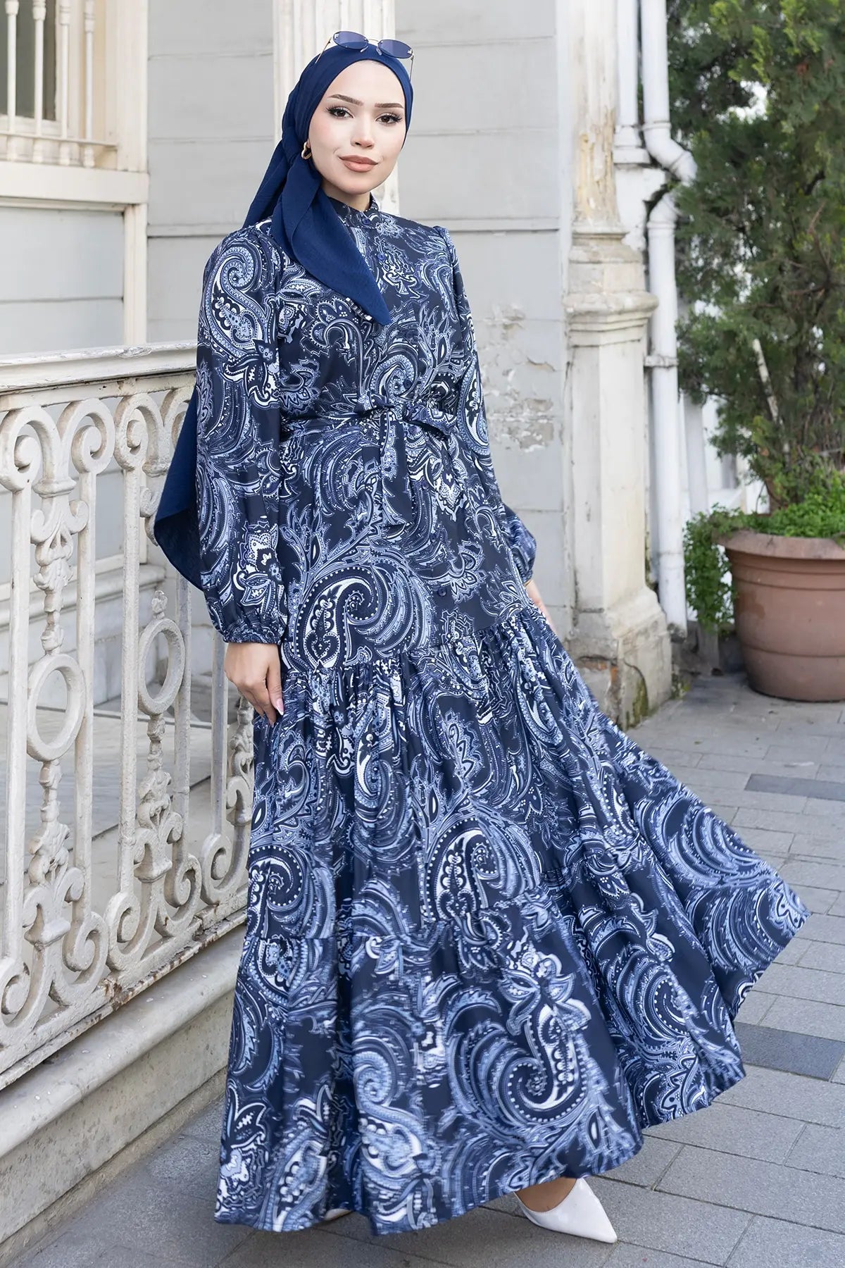 Patterned Hijab Dress-Navy, view 5