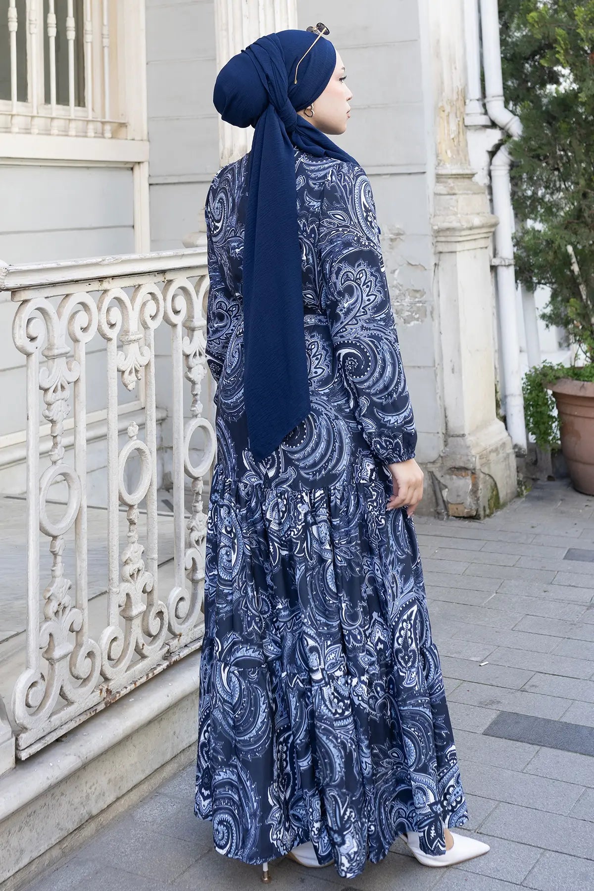 Patterned Hijab Dress-Navy, view 6