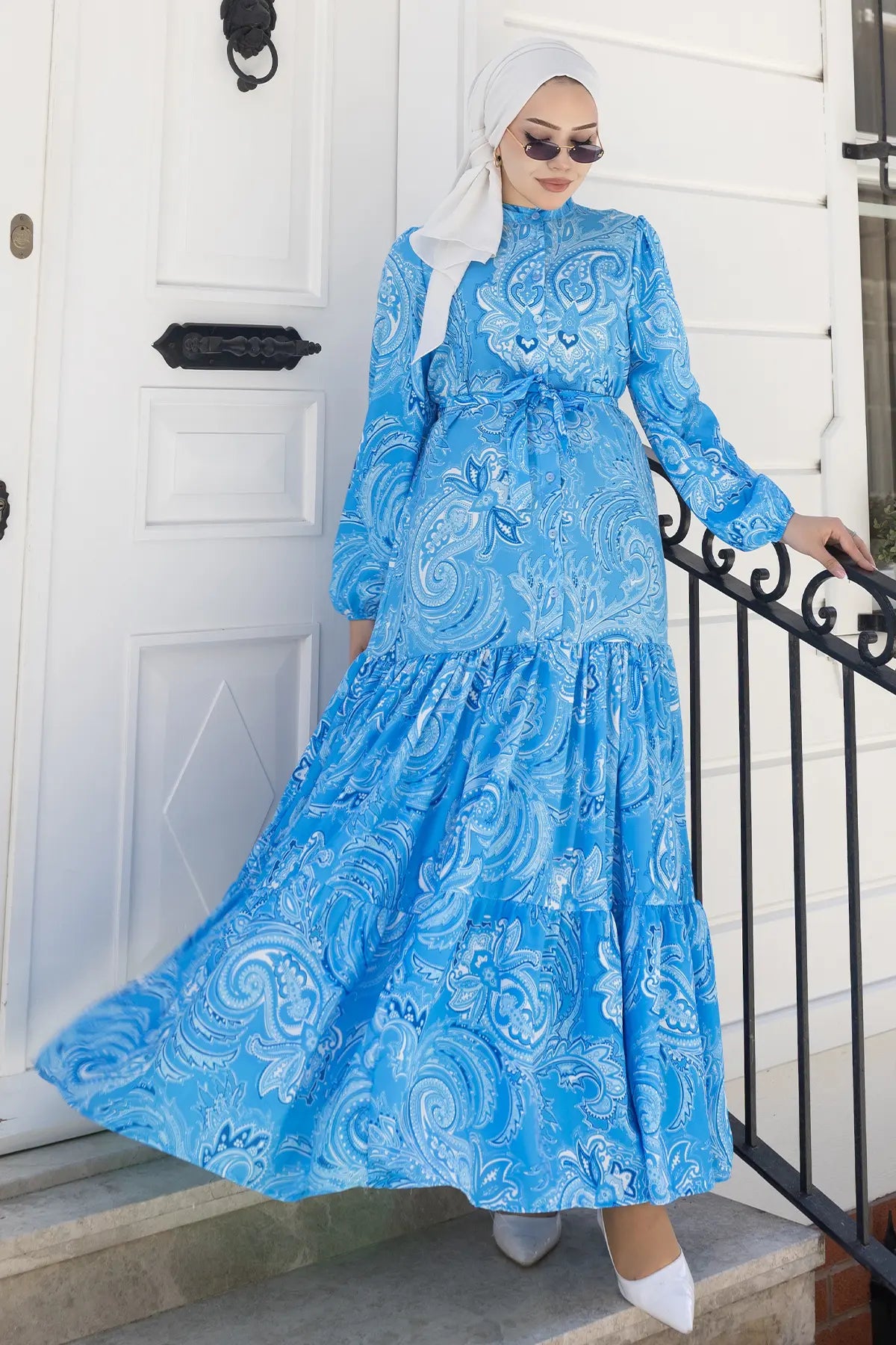 Patterned Hijab Dress-Blue, view 3