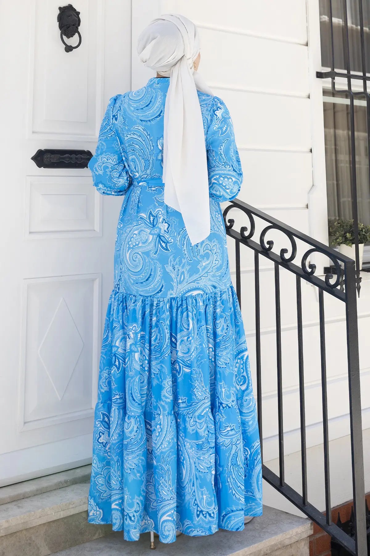 Patterned Hijab Dress-Blue, view 5