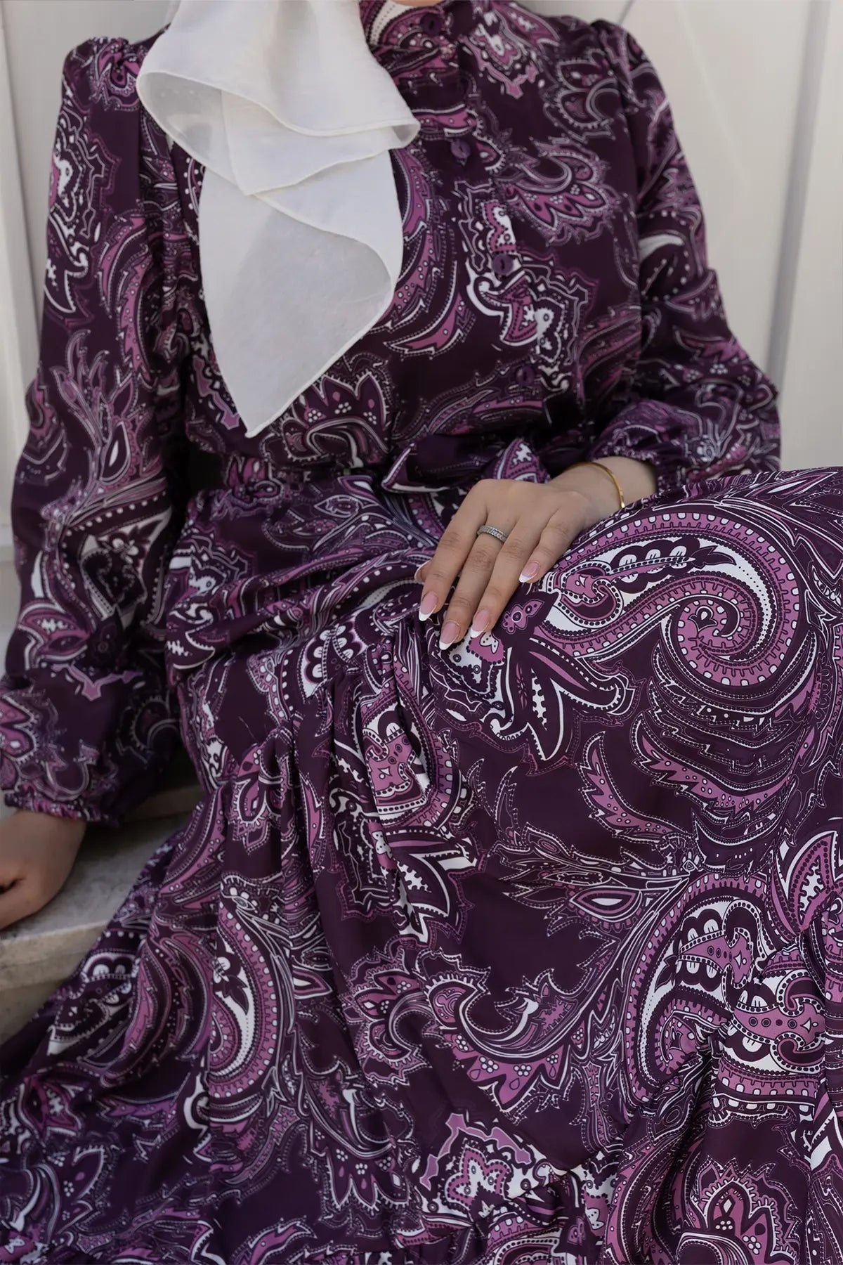 Patterned Hijab Dress-Plum, view 3