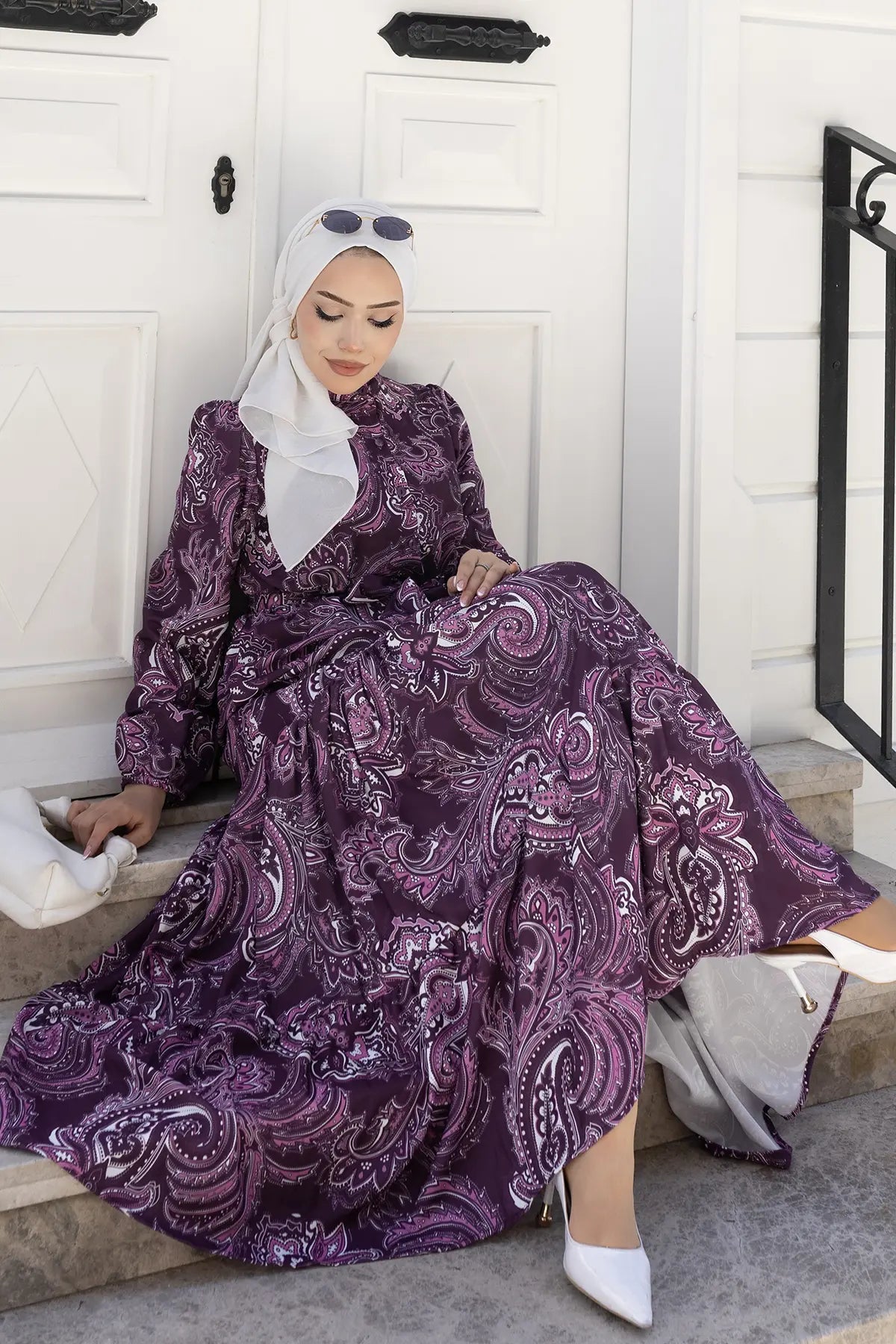 Patterned Hijab Dress-Plum, view 4