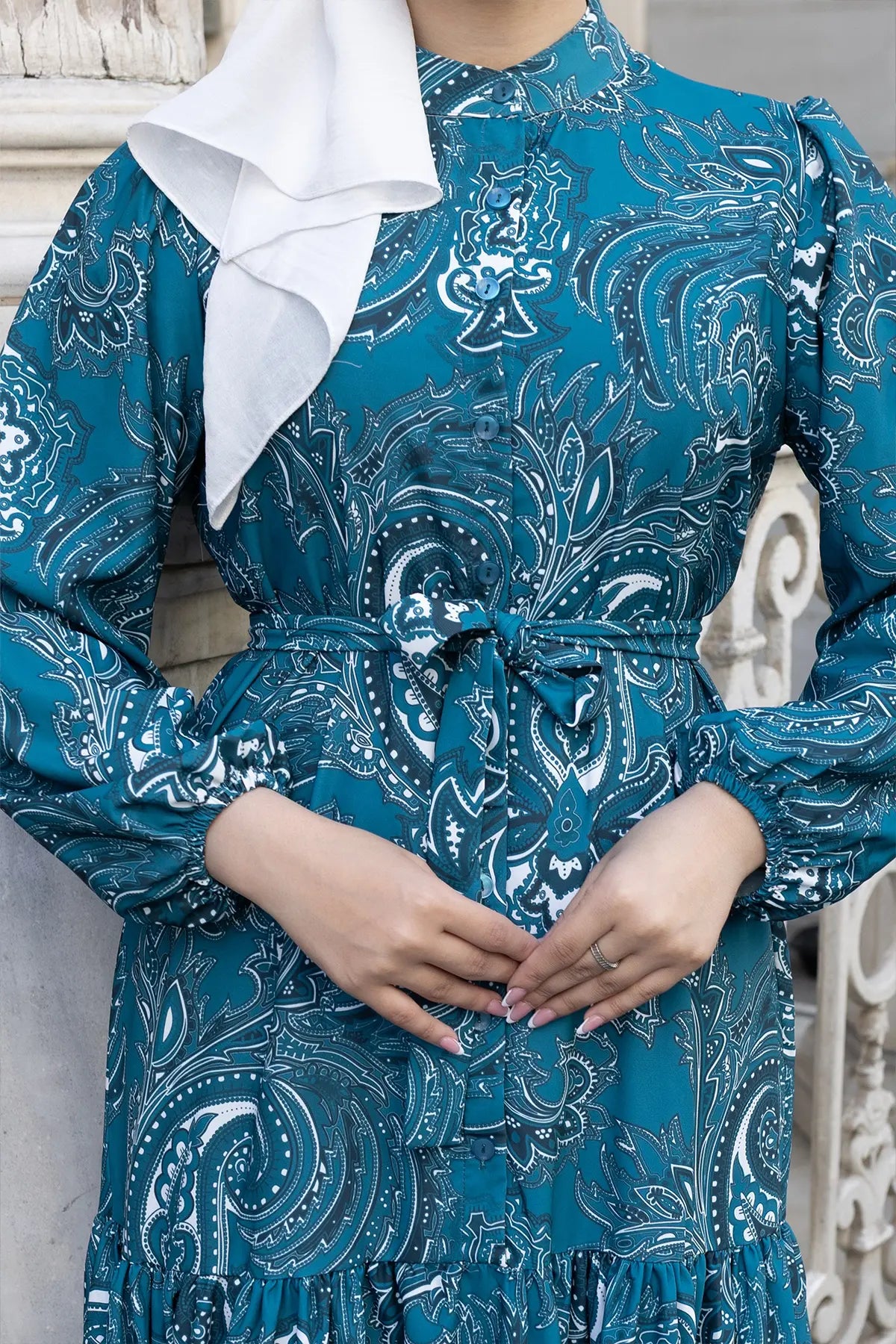 Patterned Teal Hijab Dress, view 3