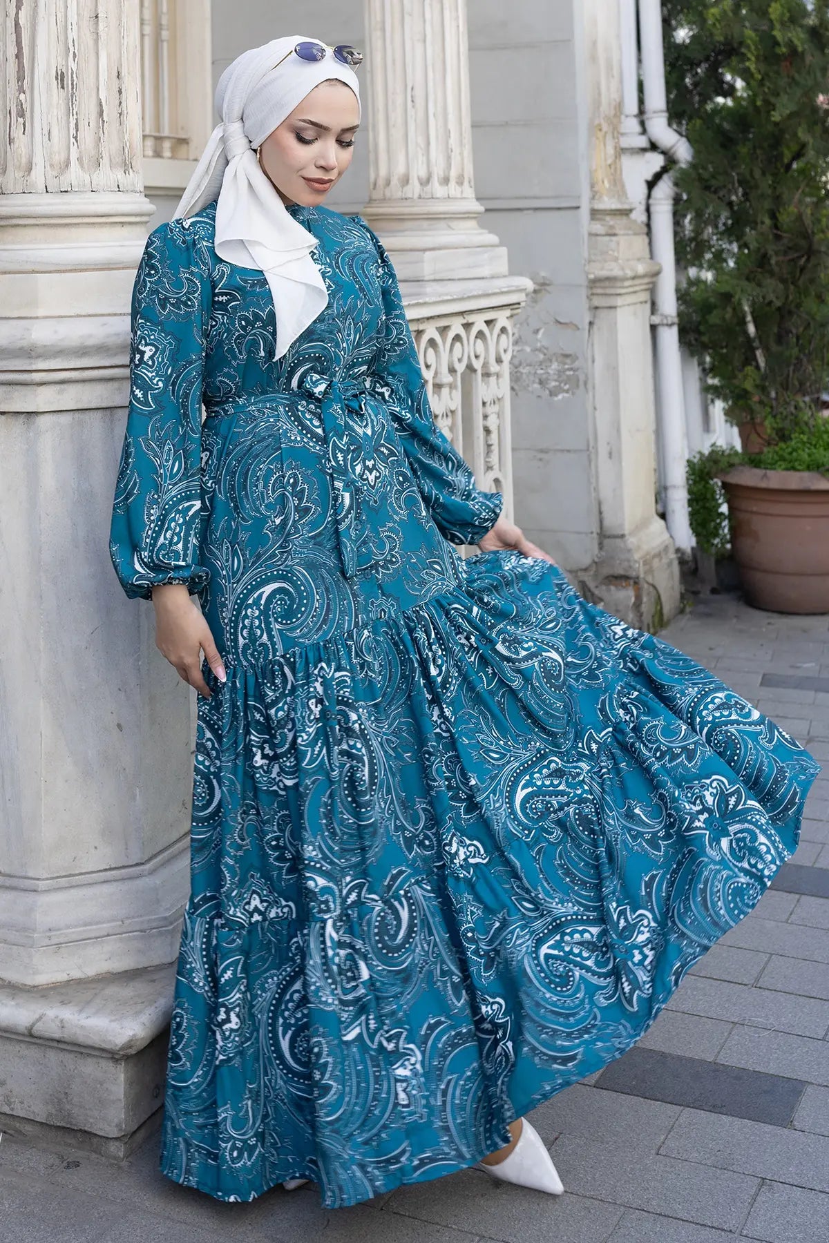 Patterned Teal Hijab Dress, view 4