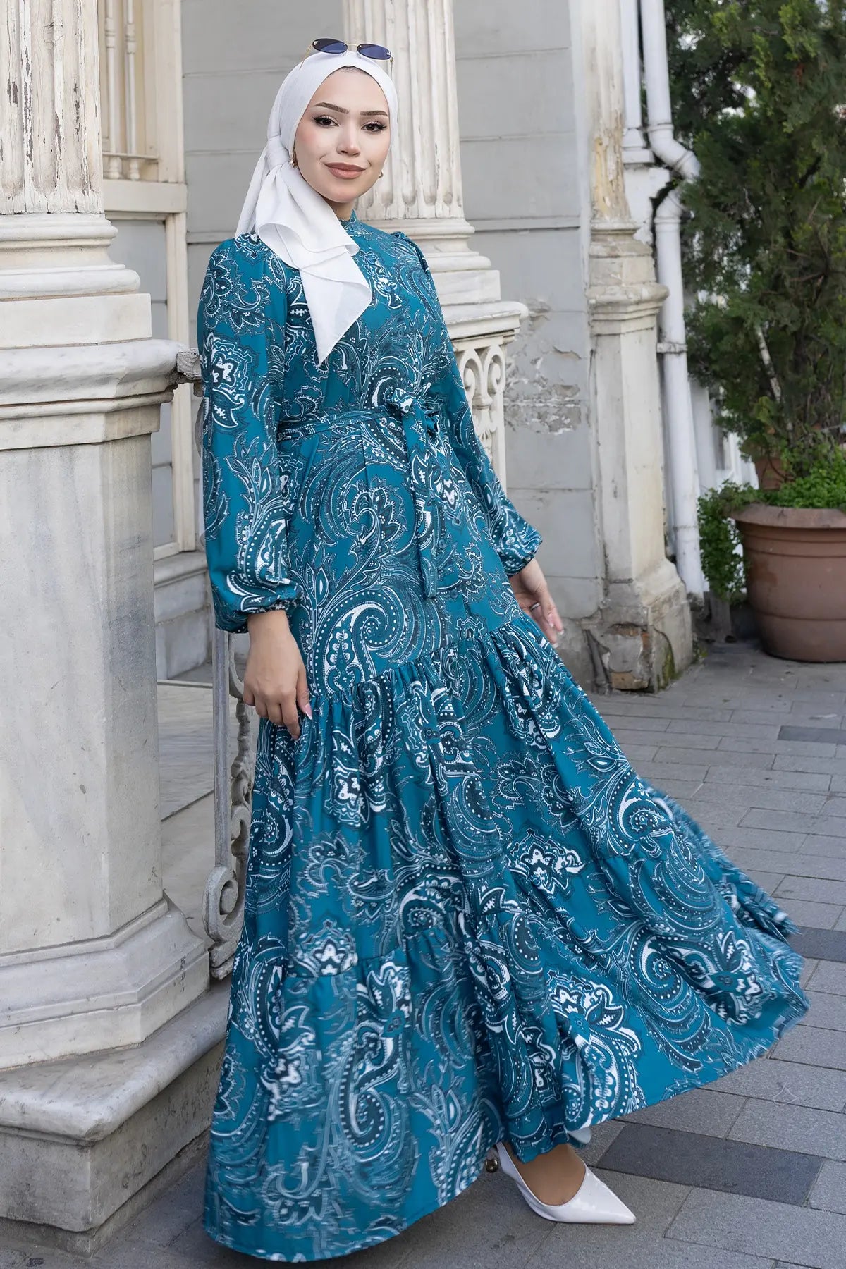 Patterned Teal Hijab Dress, view 5
